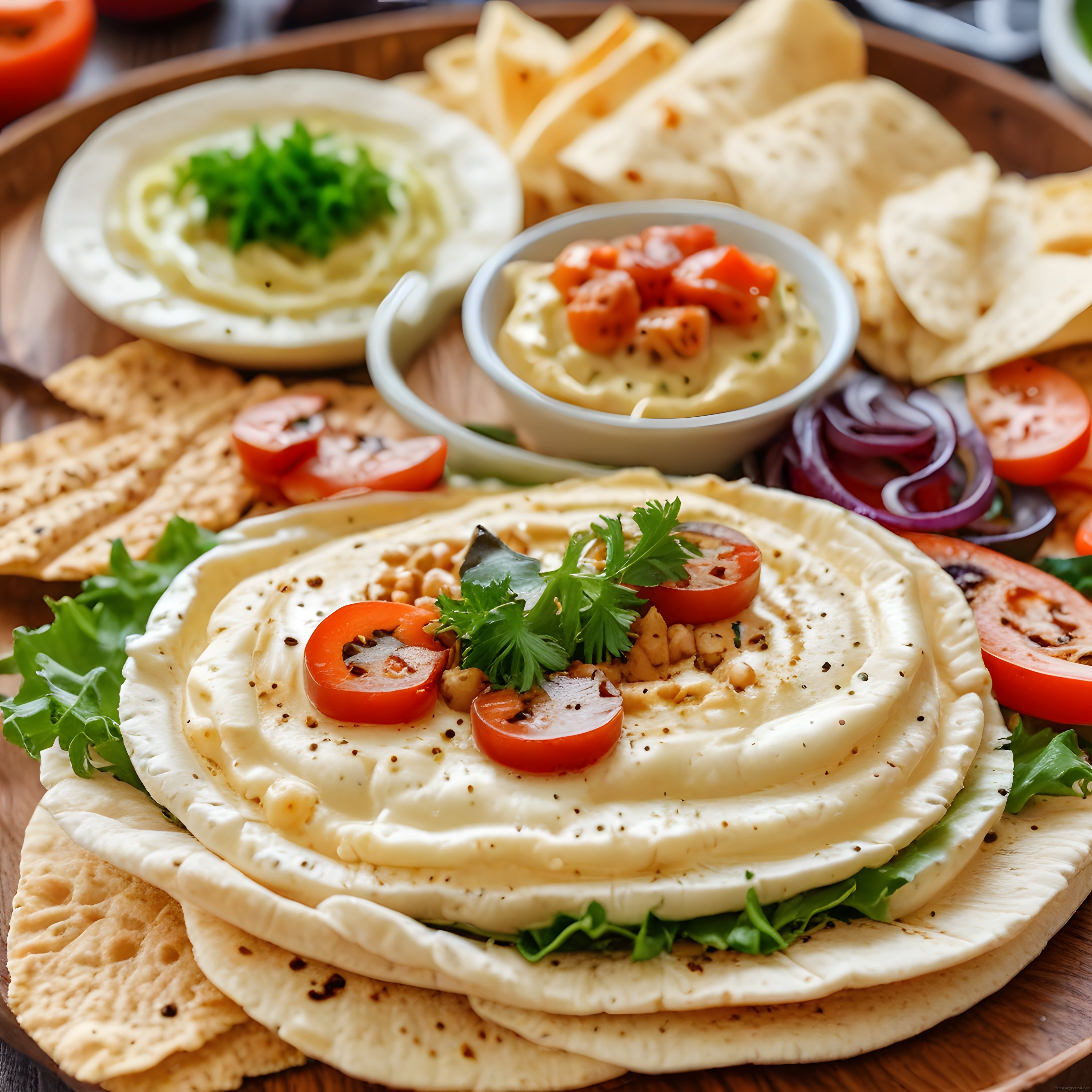Taze Humus ve Lavaş Eşliğinde Renkli Ortadoğu Meze Tabağı Sunumu