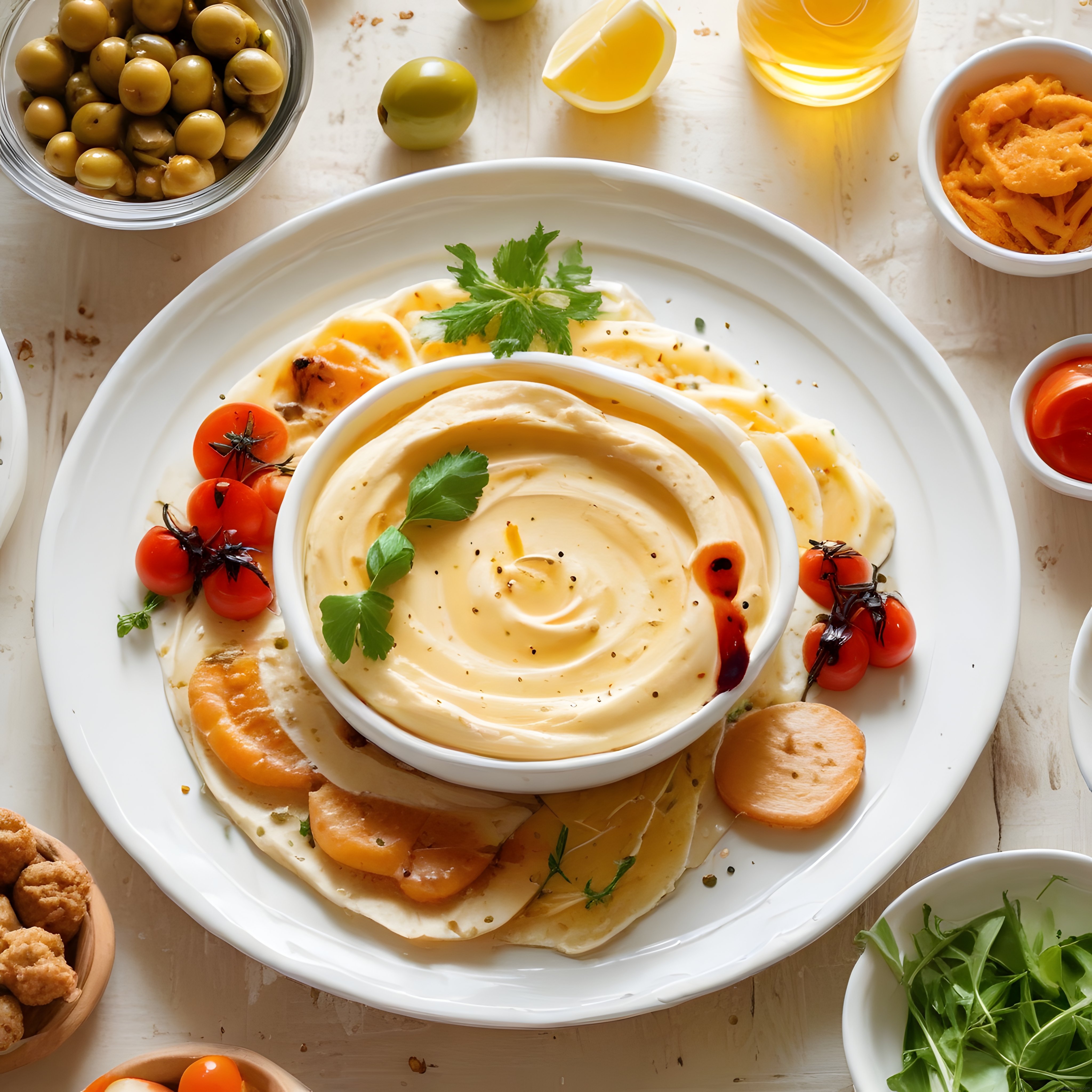 Taze Humus ve Meze Sunumu: Zeytin, Domates ve Lavaş ile Leziz Kahvaltı Masası