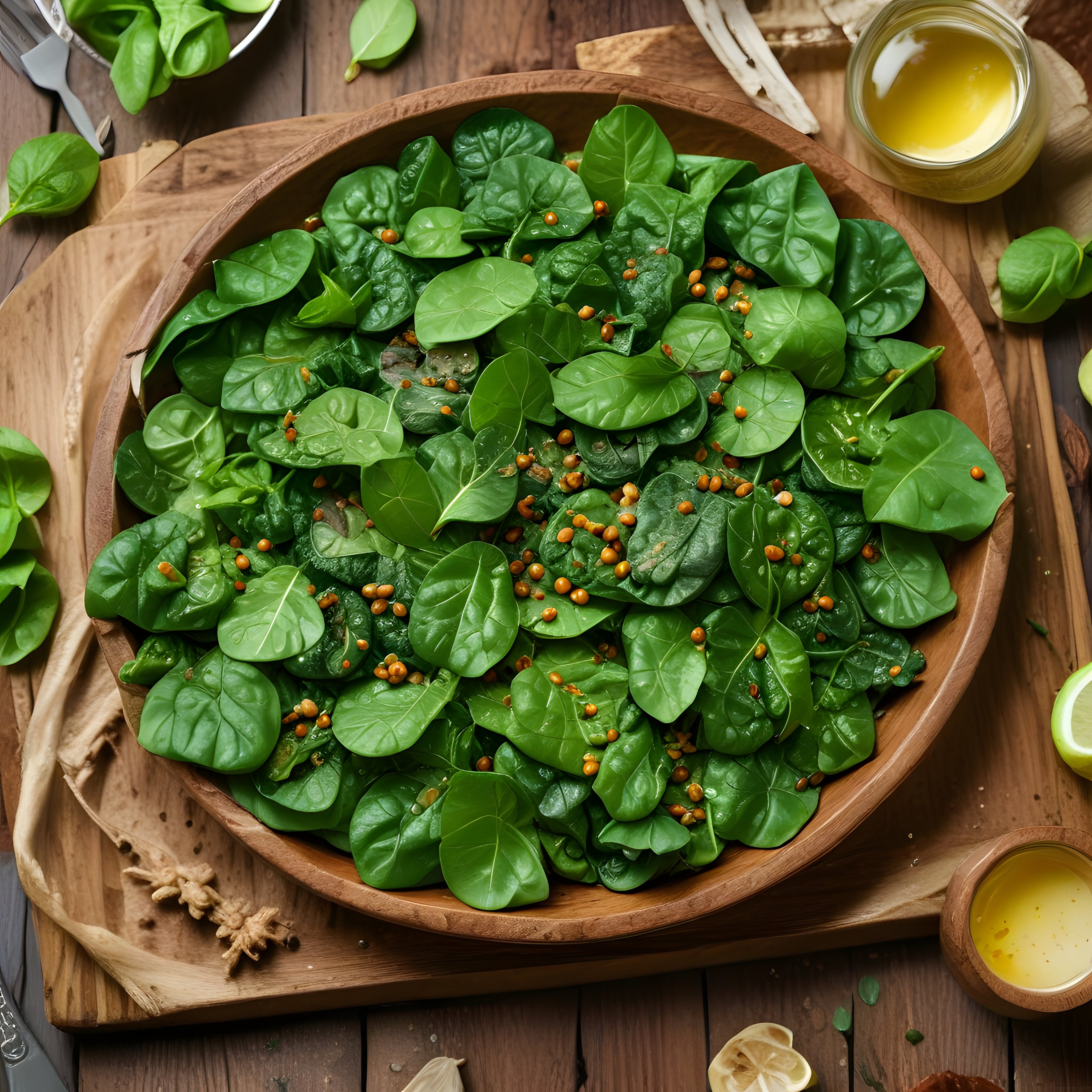 Taze Ispanak Salatası: Ahşap Kasede Hardal Tohumlu ve Limonlu Sağlıklı Tarif