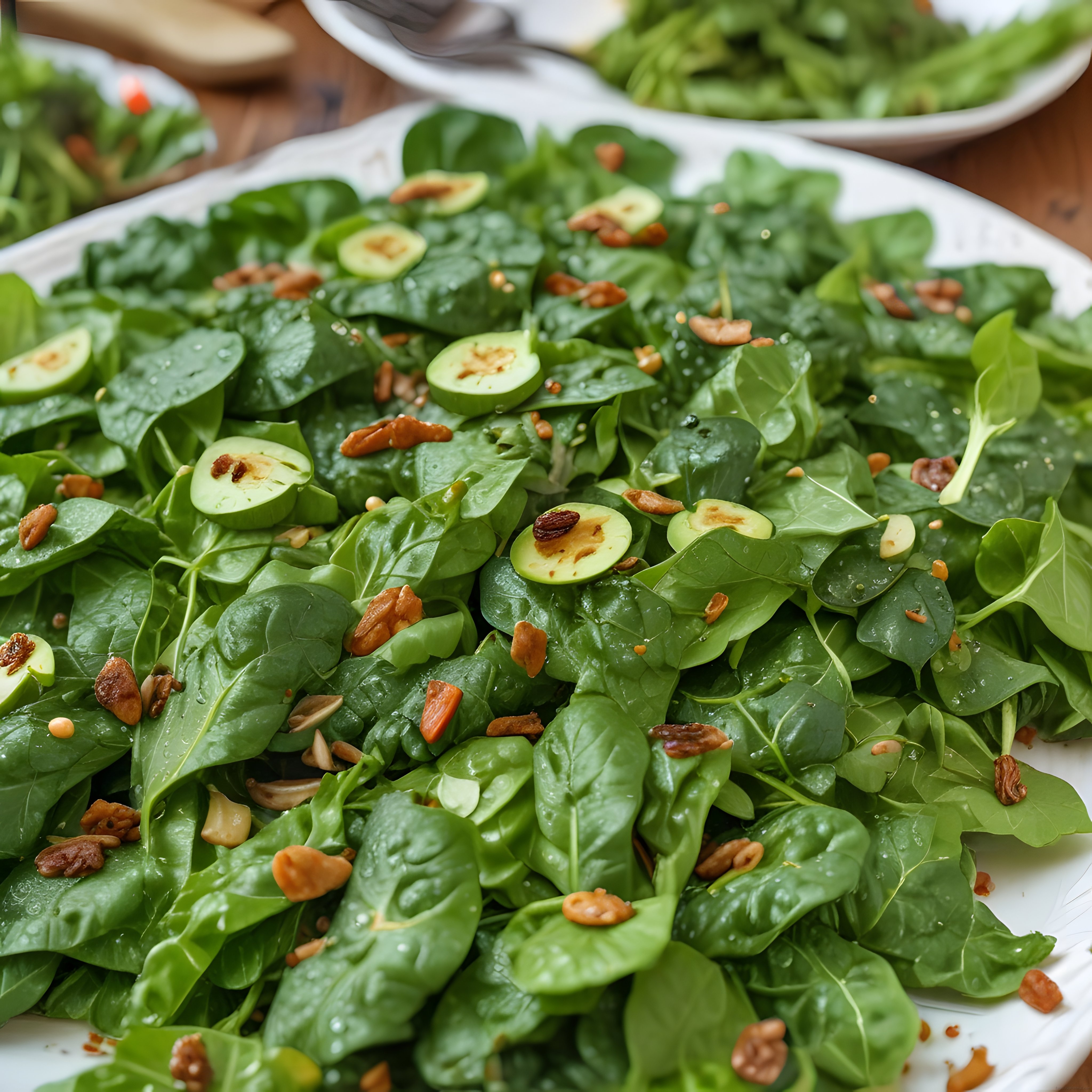 Taze ıspanak salatası üzerine zeytin dilimleri ve cevizle hazırlanmış sağlıklı bir tabak