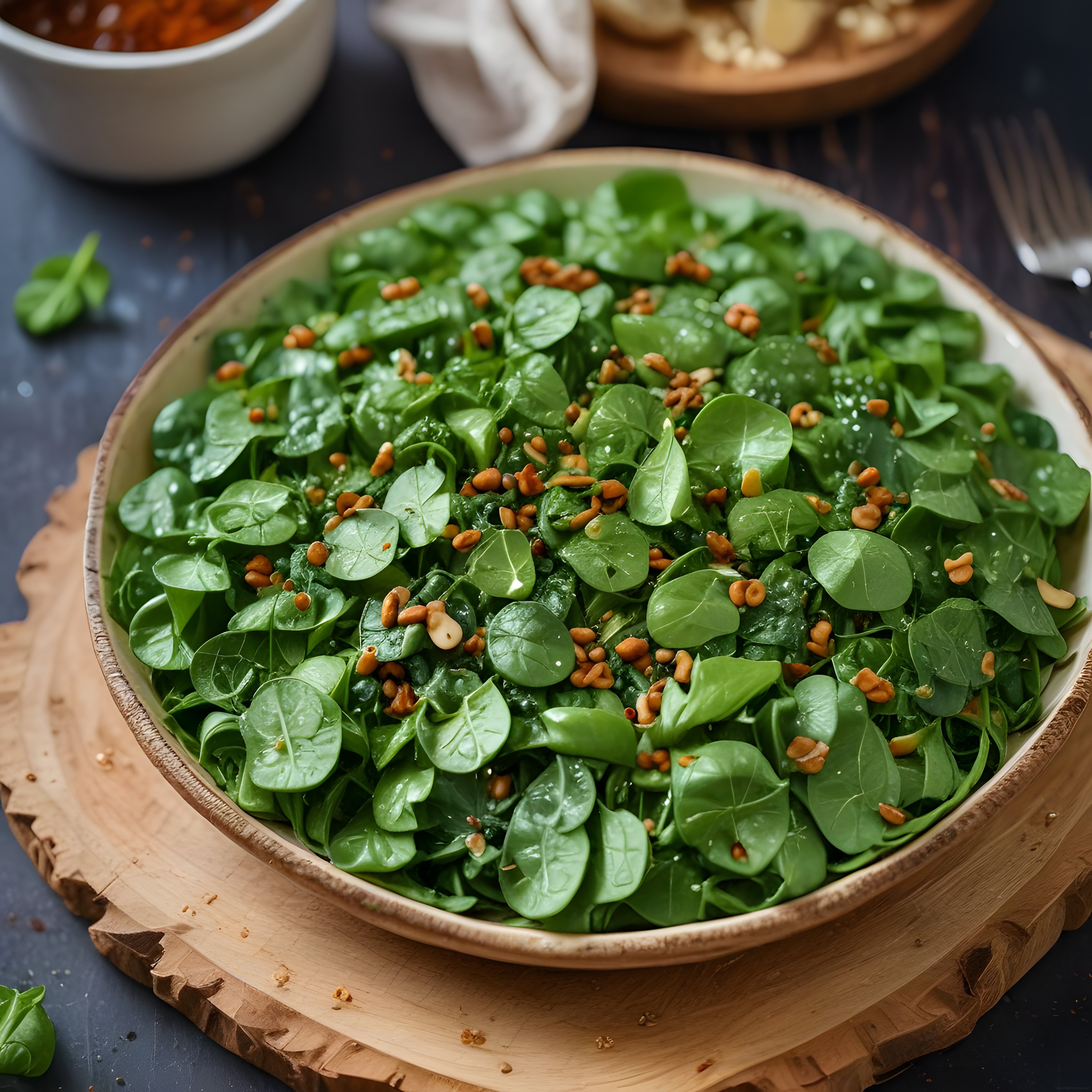 Taze ıspanak yapraklarından hazırlanmış çam fıstıklı besleyici salata kasesi