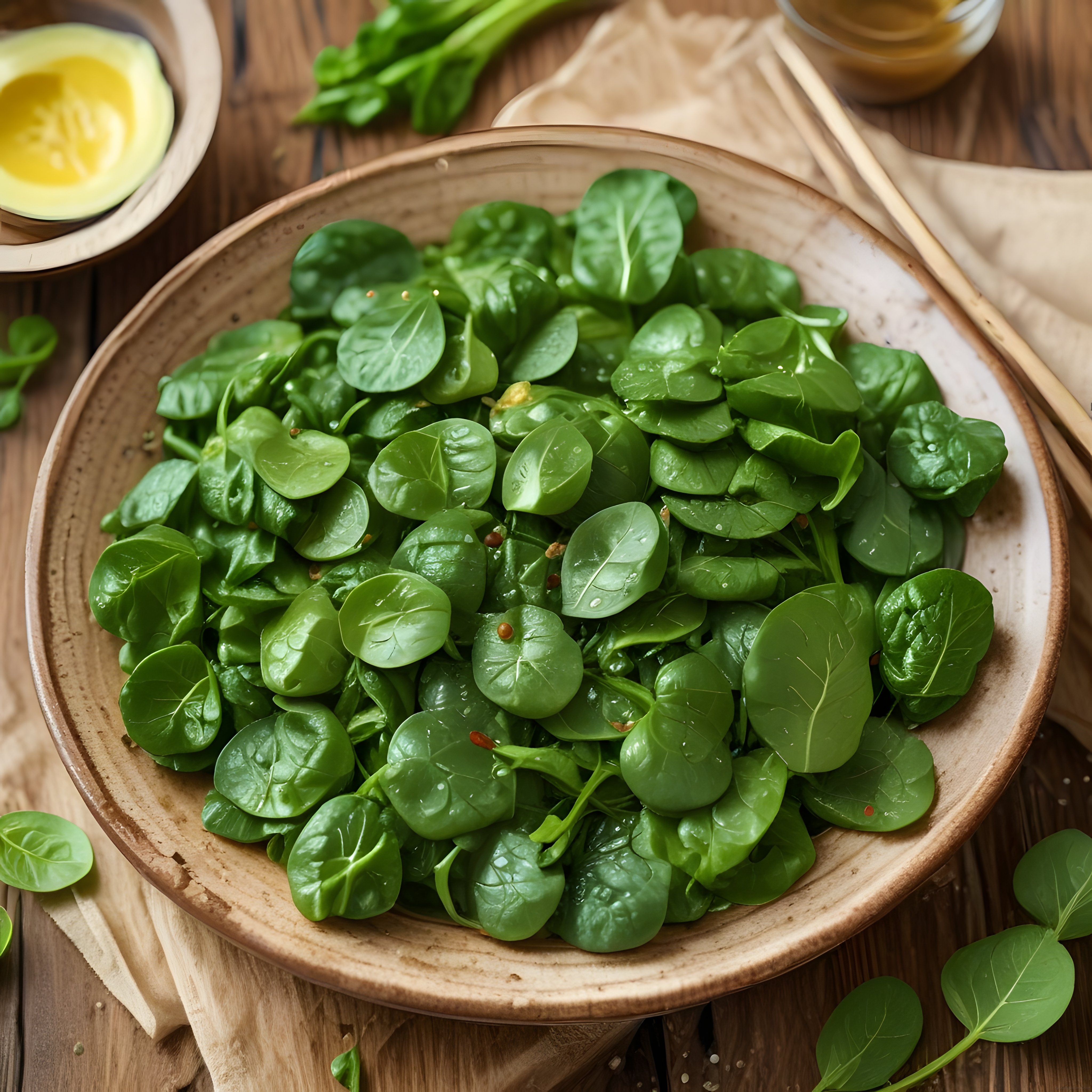 Taze ıspanak yapraklarıyla hazırlanmış sağlıklı yeşil salata sunumu