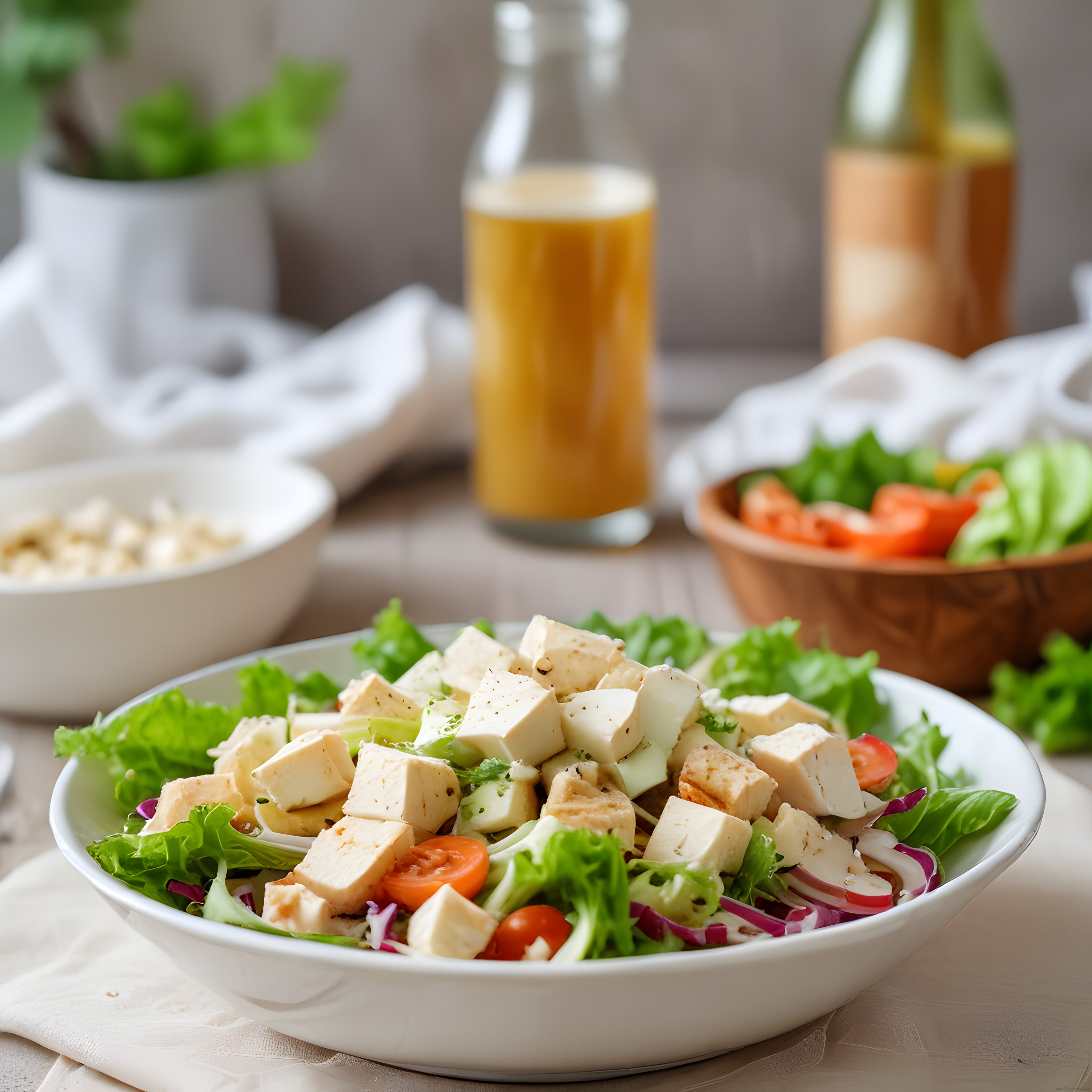 Taze ızgara tavuklu peynirli salata ve ev yapımı sos ile sade sunum