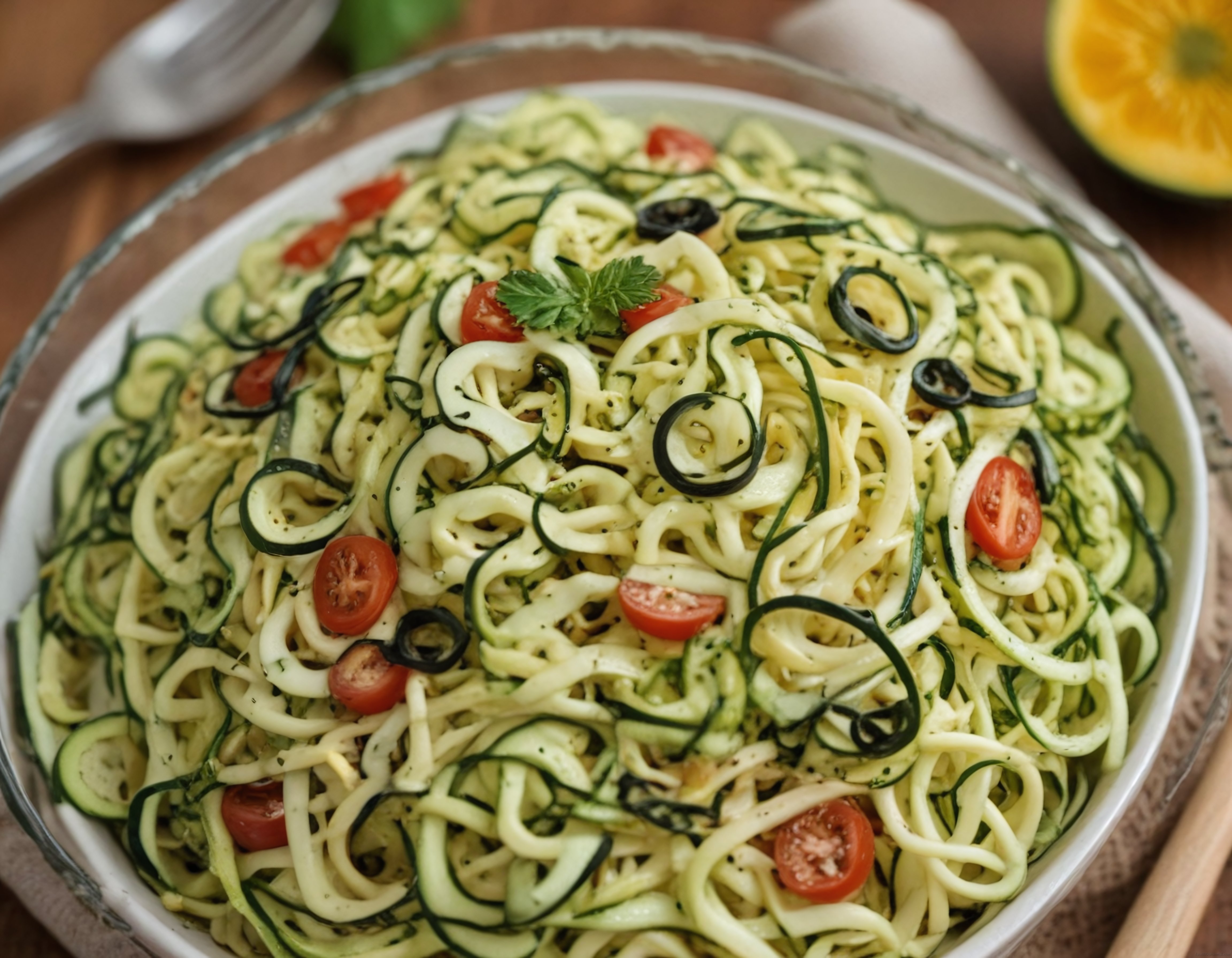 Taze Kabak Spaghettili ve Cherry Domatesli Sağlıklı Makarna Kasesi