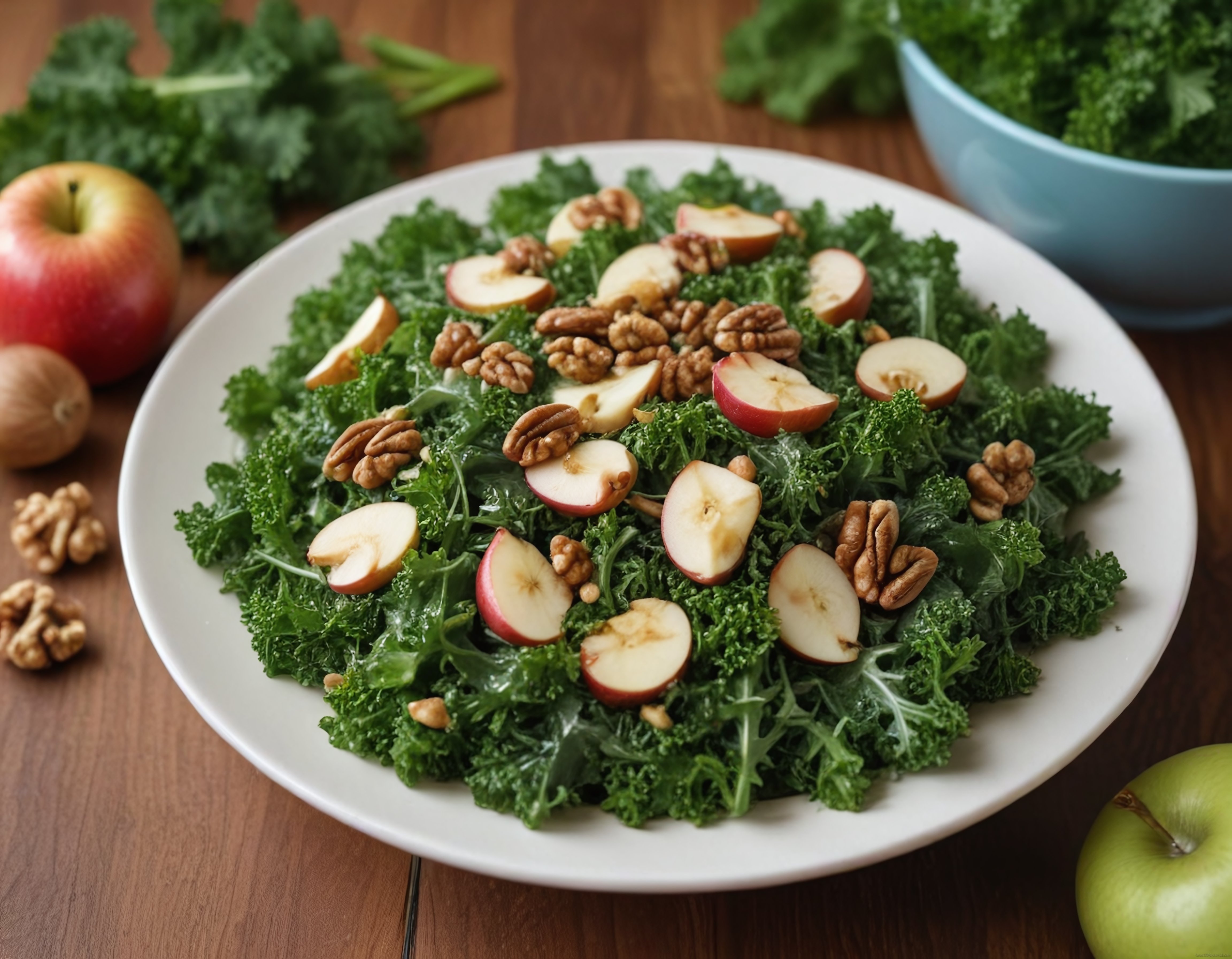 taze kale tabanında elma ve cevizle süslenmiş sağlıklı salata sunumu