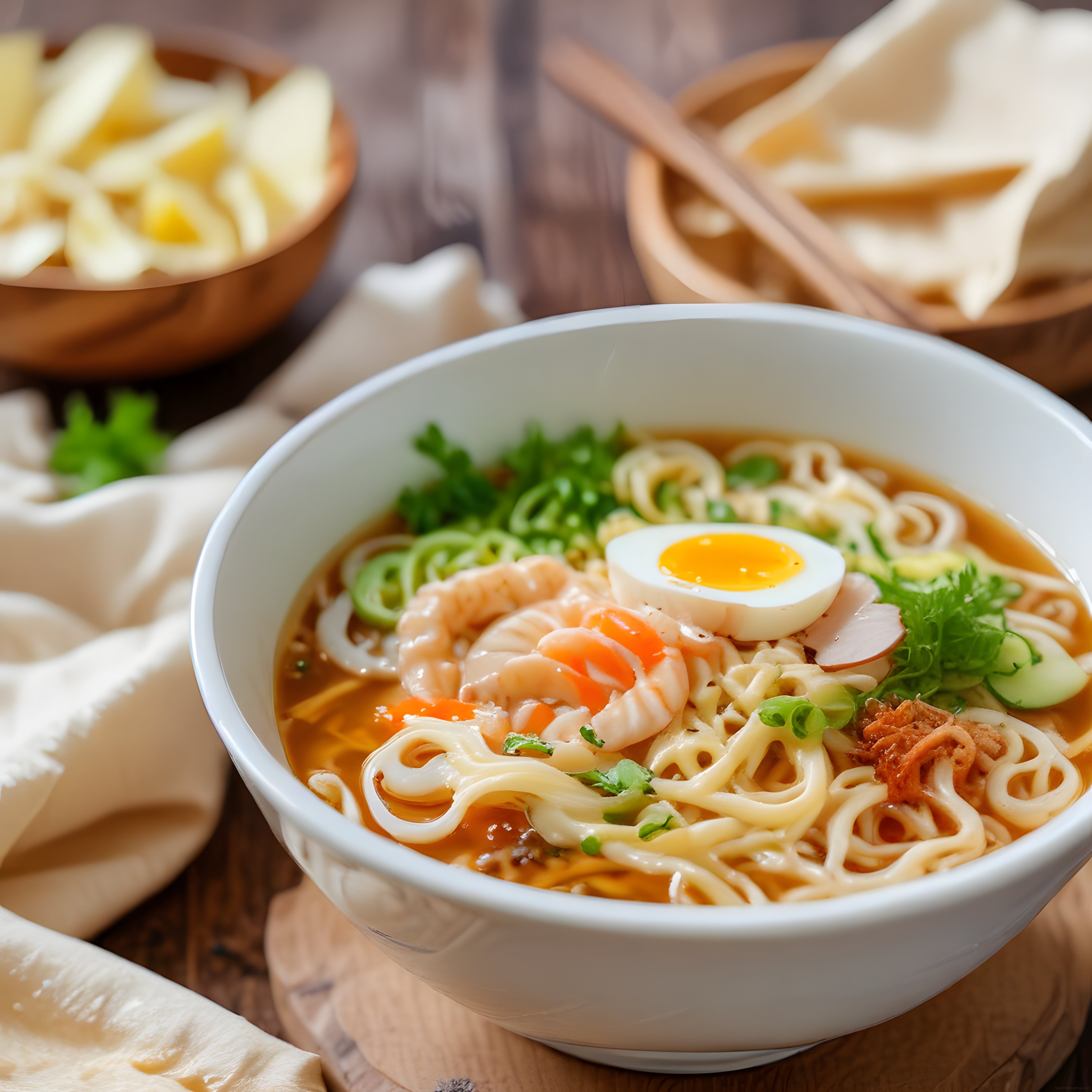 Taze Karidesli ve Yumurtalı Noodle Çorbası: Rustik Masa Üzerinde Sıcak Asya Lezzeti