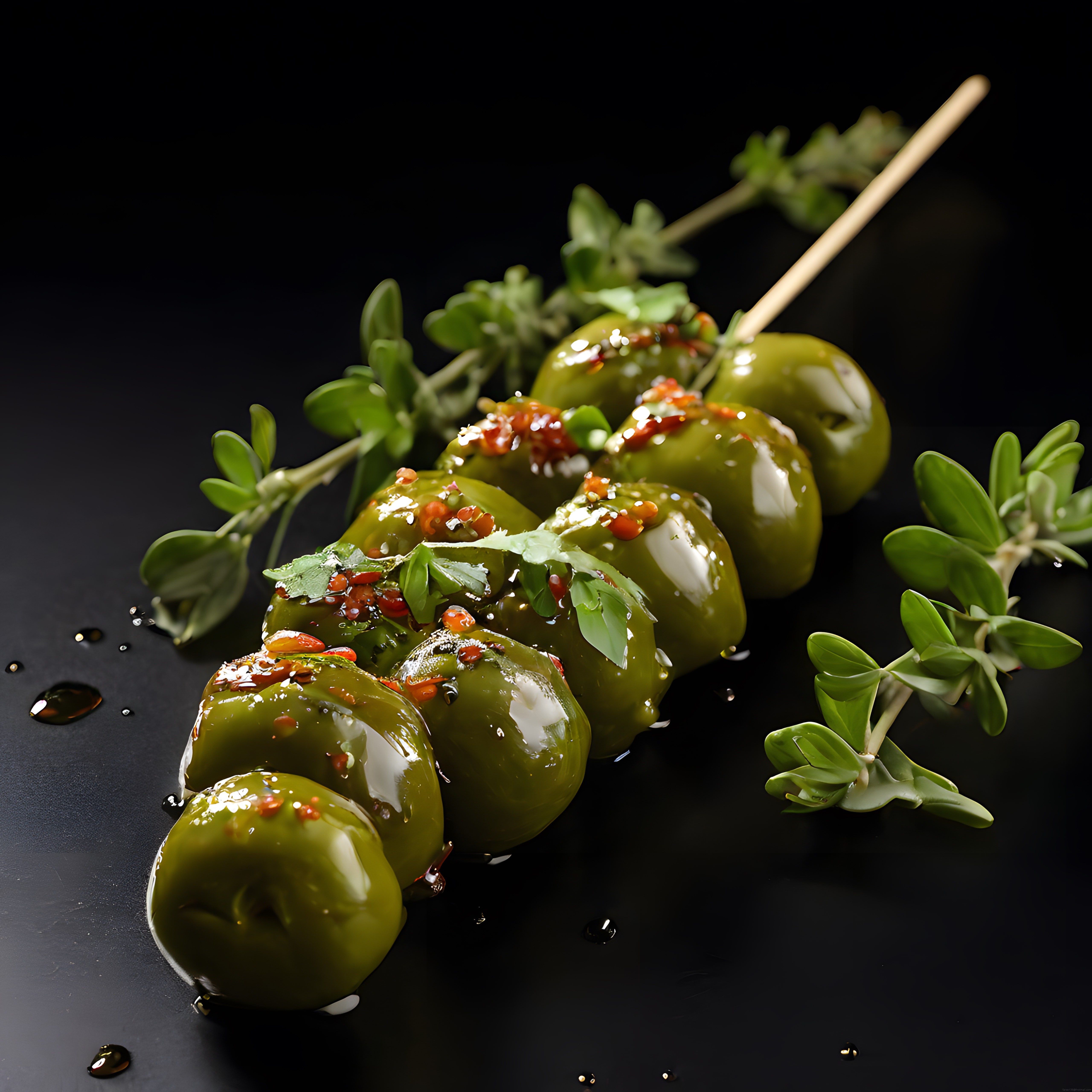 Taze kekik ve baharatlarla hazırlanmış şık yeşil zeytin tabağı