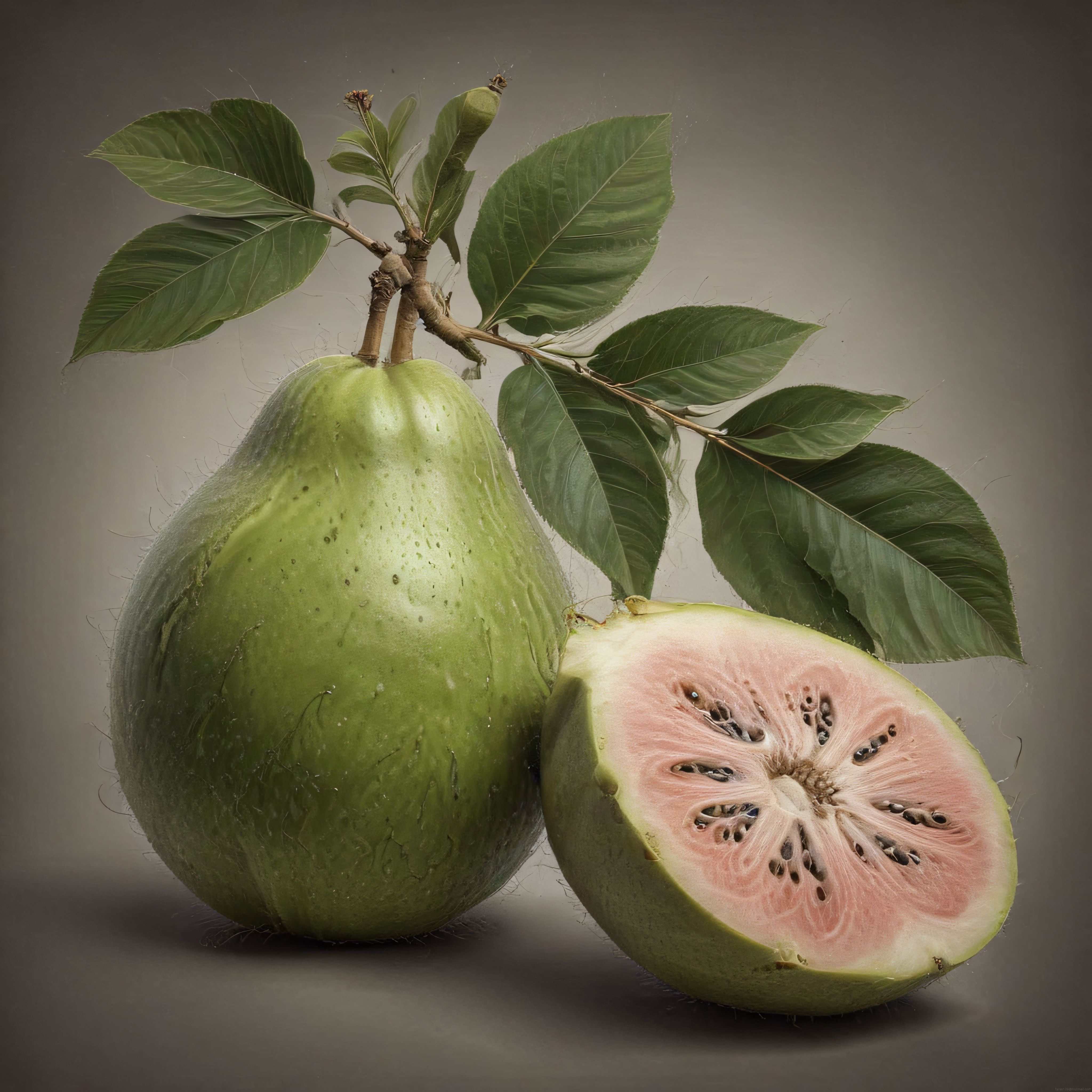 Taze Kesilmiş Guava Meyvesi: Pembe İçi ve Yeşil Yapraklarıyla Sağlıklı Beslenme