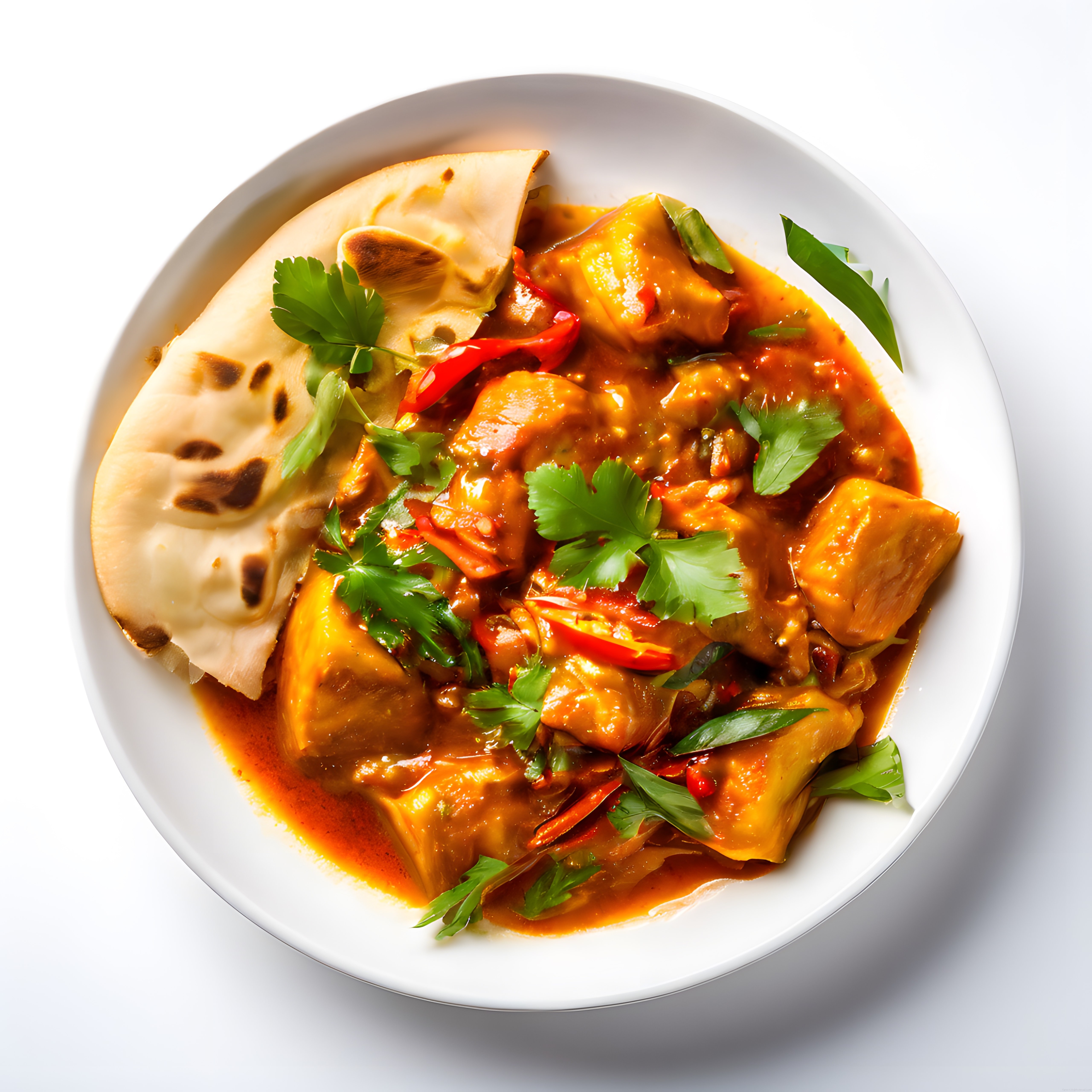 Taze Kişniş ve Baharatlı Soslu Hint Tavuk Köri Yanında Naan Ekmek