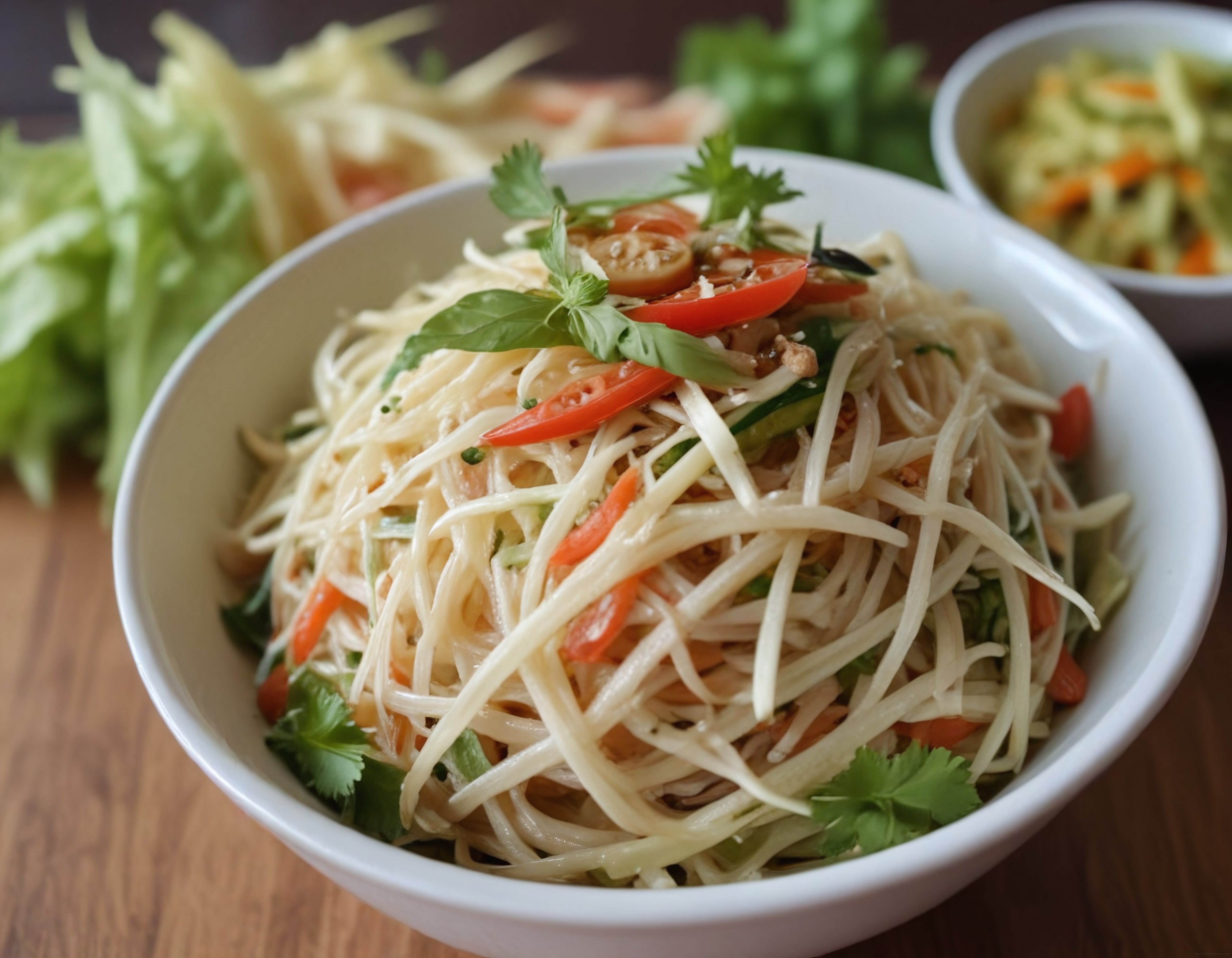 Taze Kişniş ve Biberle Süslenmiş Thai Yeşil Papaya Salatası Tarifi