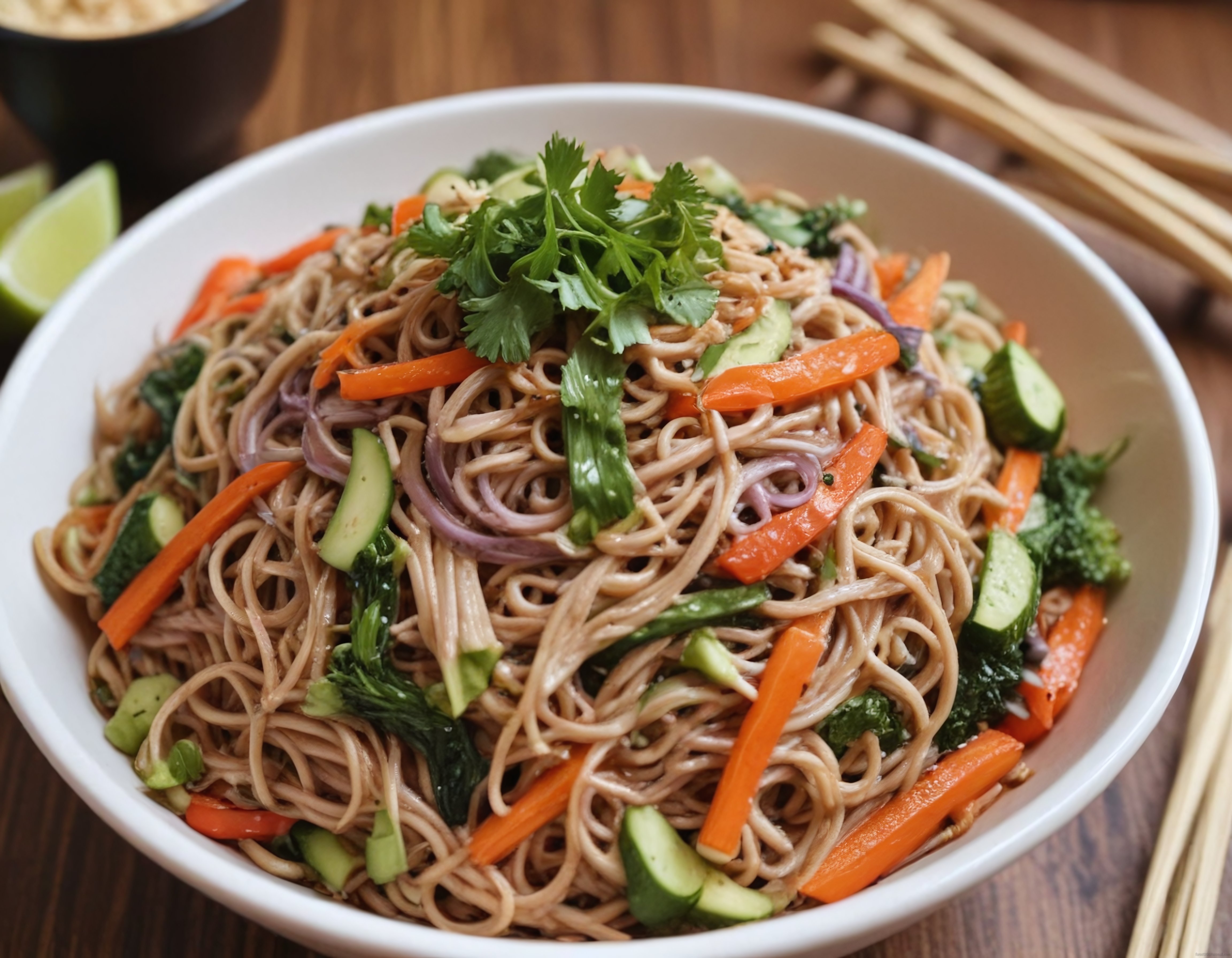 Taze Kişniş ve Sebzelerle Hazırlanan Asya Usulü Noodle Salatası Kasesi