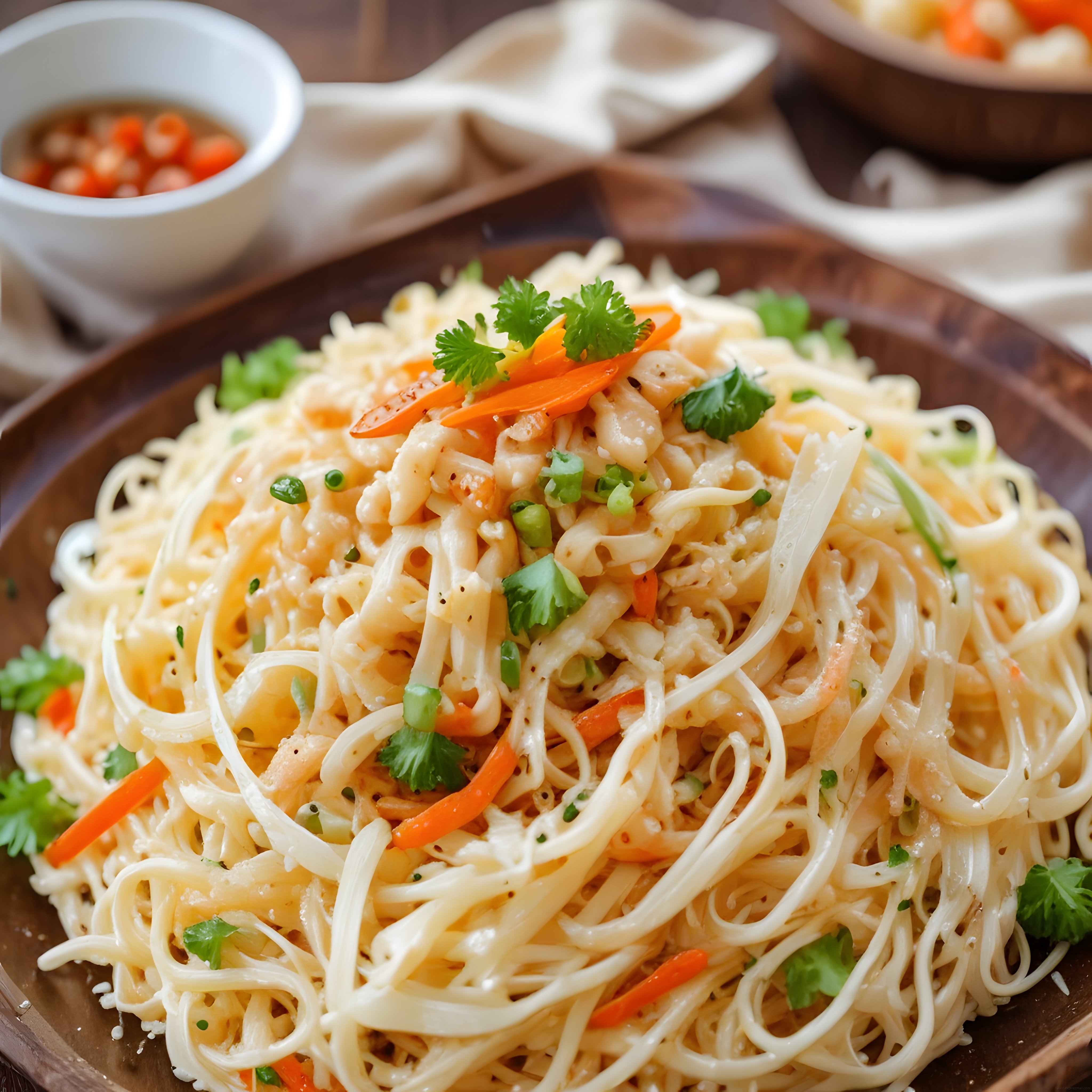 Taze Kişnişli Tavuklu Noodle Makarna: Soslu Uzak Doğu Yemeği Sunumu