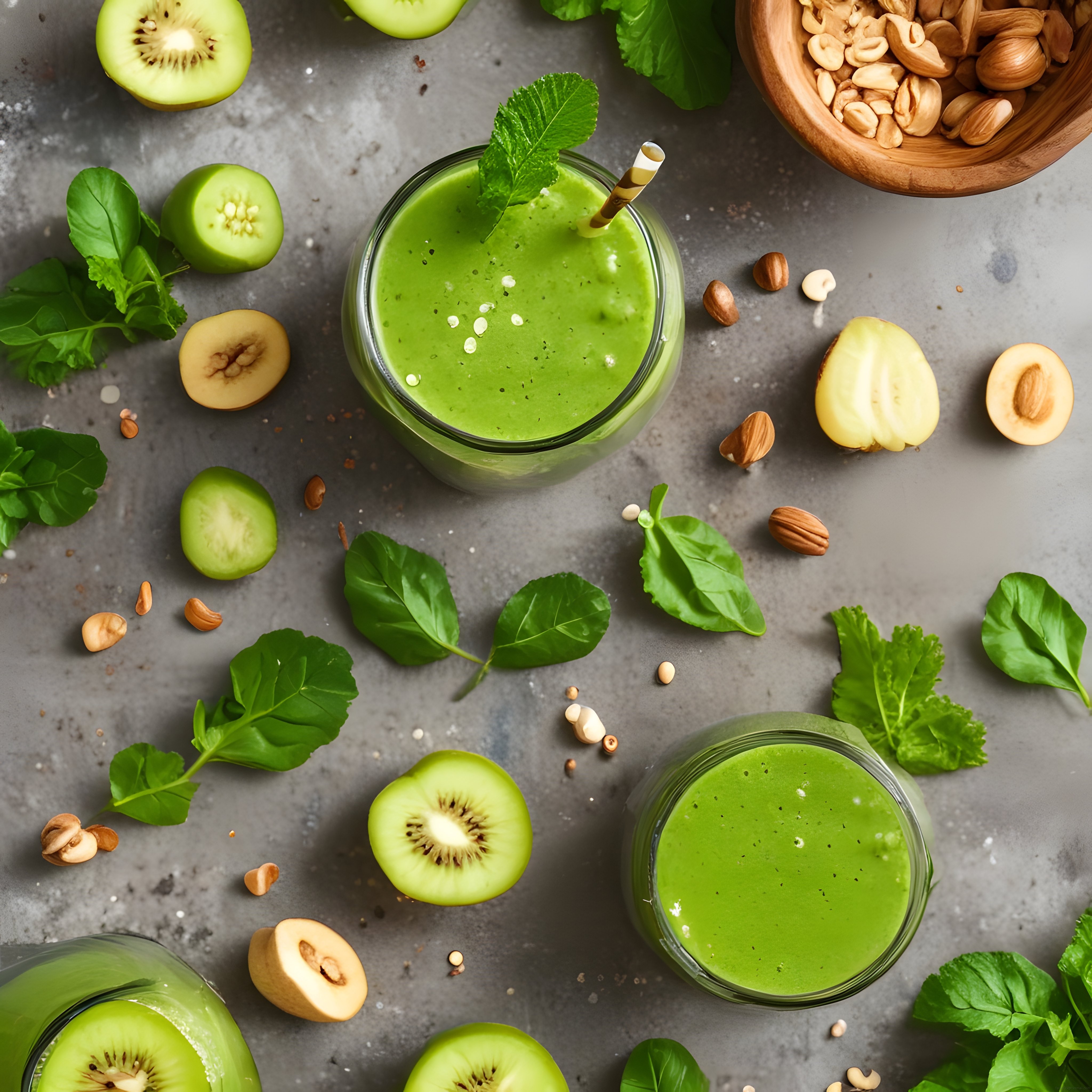 Taze Kivili Yeşil Smoothie Kavanozlarıyla Sağlıklı ve Besleyici İçecek Sunumu