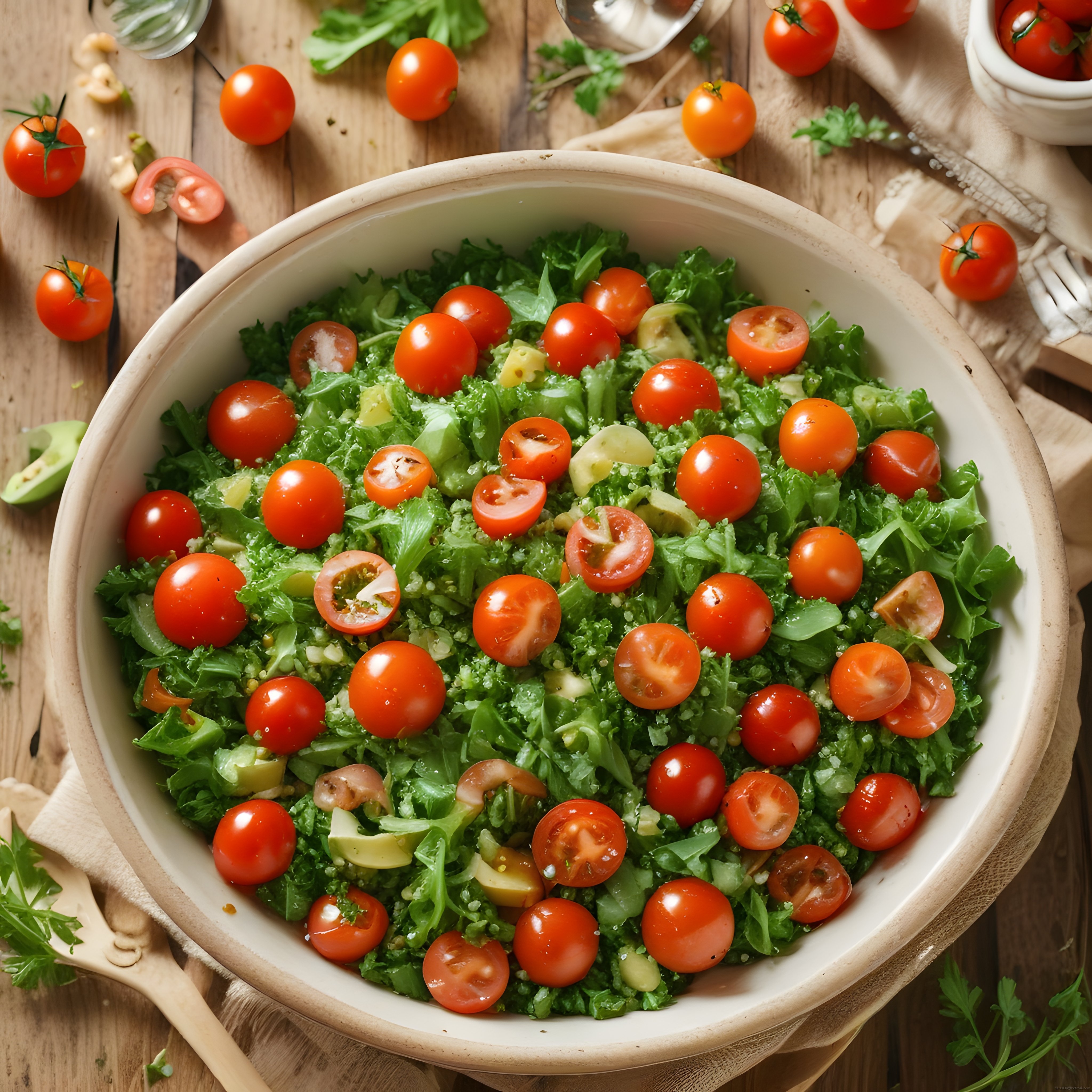 Taze Kıvırcık Yeşillikli ve Avokadolu Cherry Domates Salatası Görseli