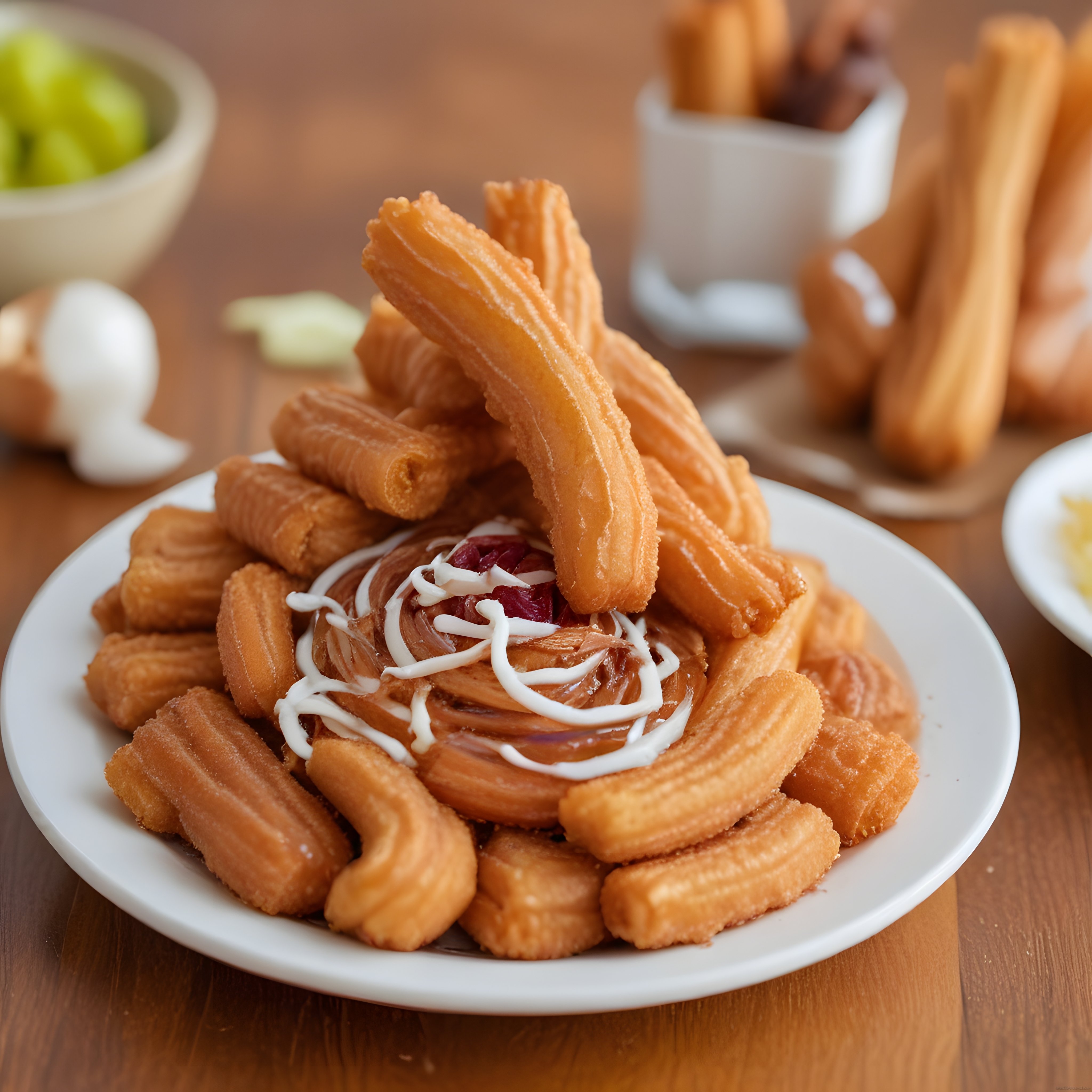 Taze Kızarmış Altın Rengi Churros ve Bol Çikolata Soslu Tatlı Sunum