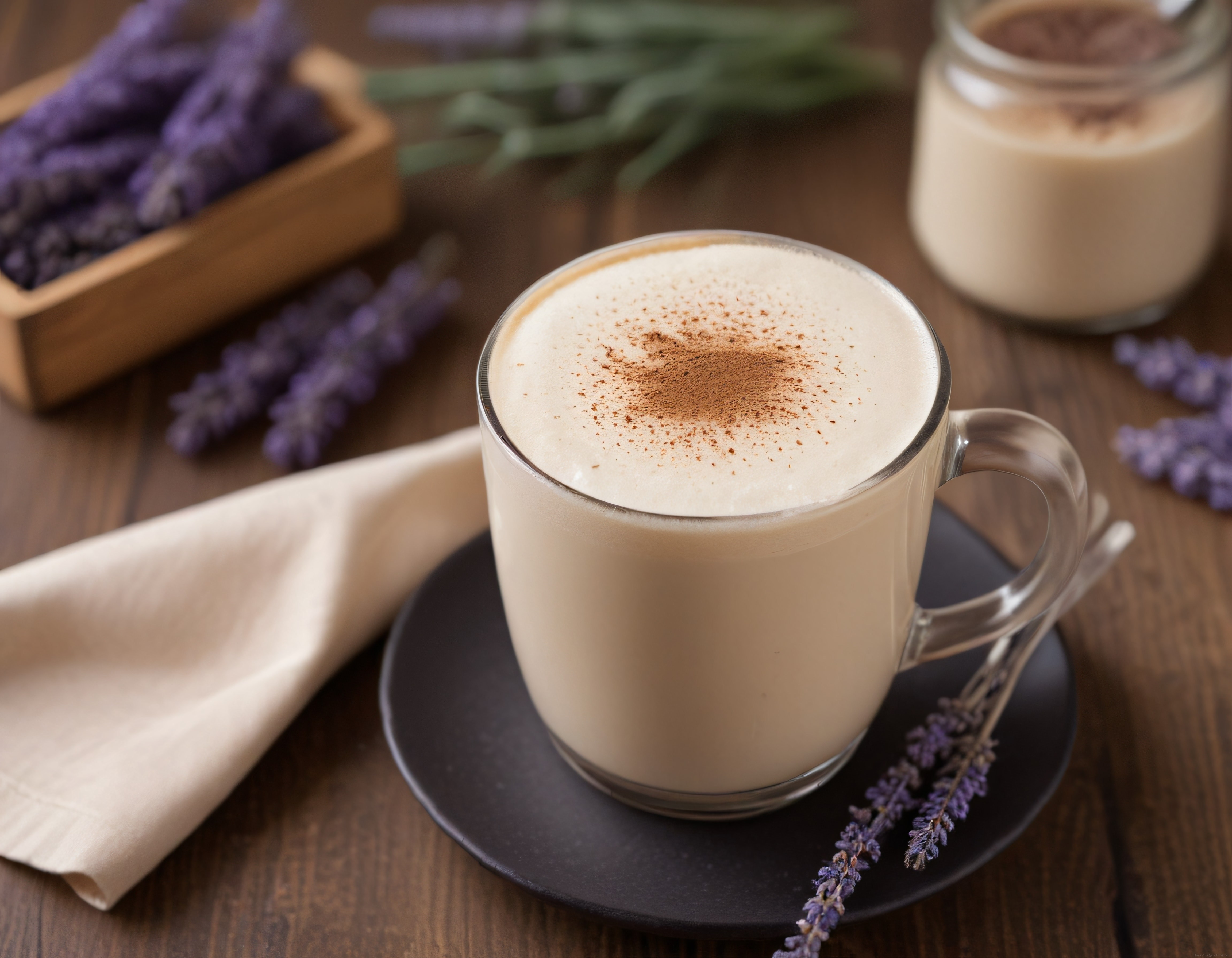Taze Köpüklü Latte Tarçın Topping ve Lavanta Detaylarıyla Rustik Sunum