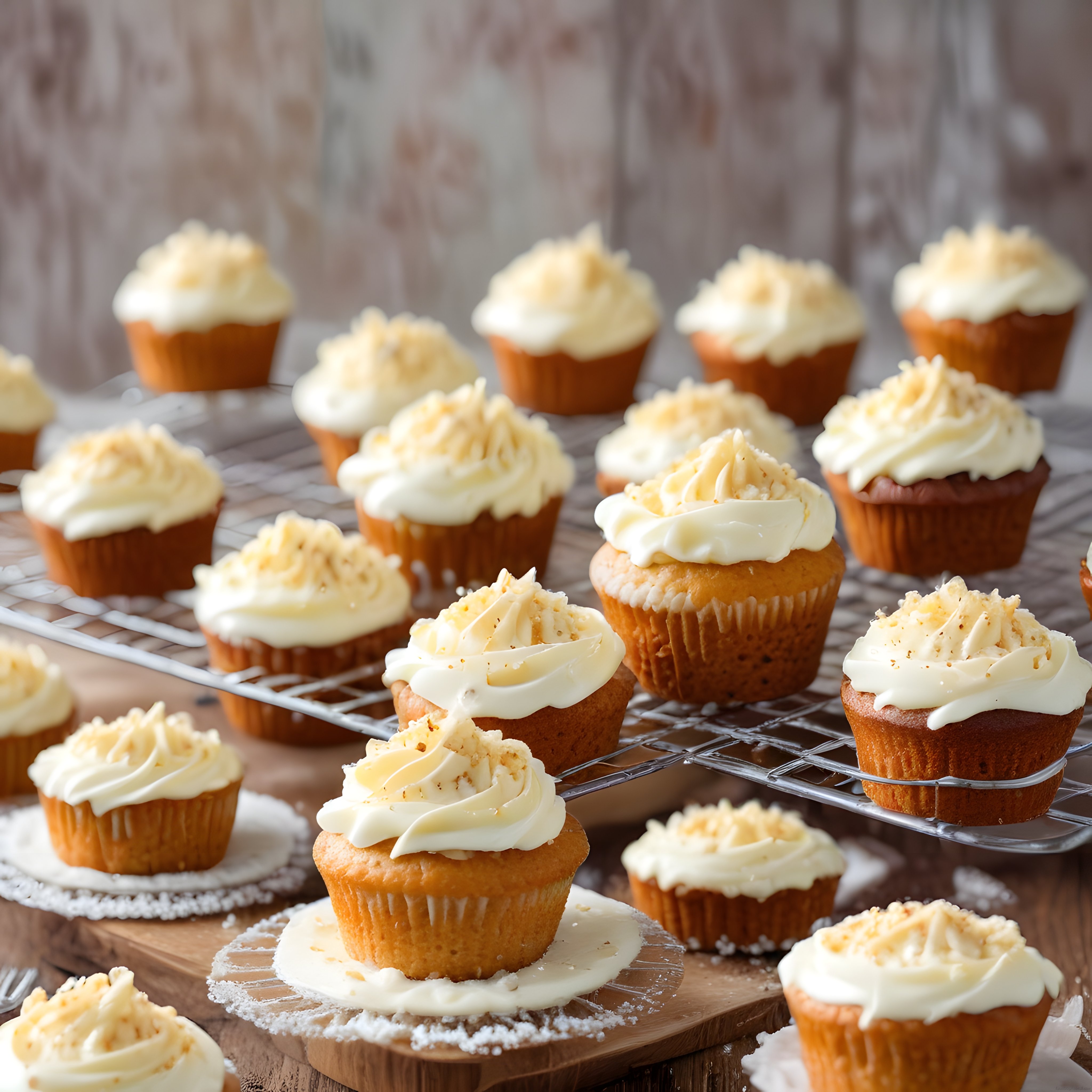 Taze Krema ve Hindistan Ceviziyle Süslenmiş Ev Yapımı Cupcakeler
