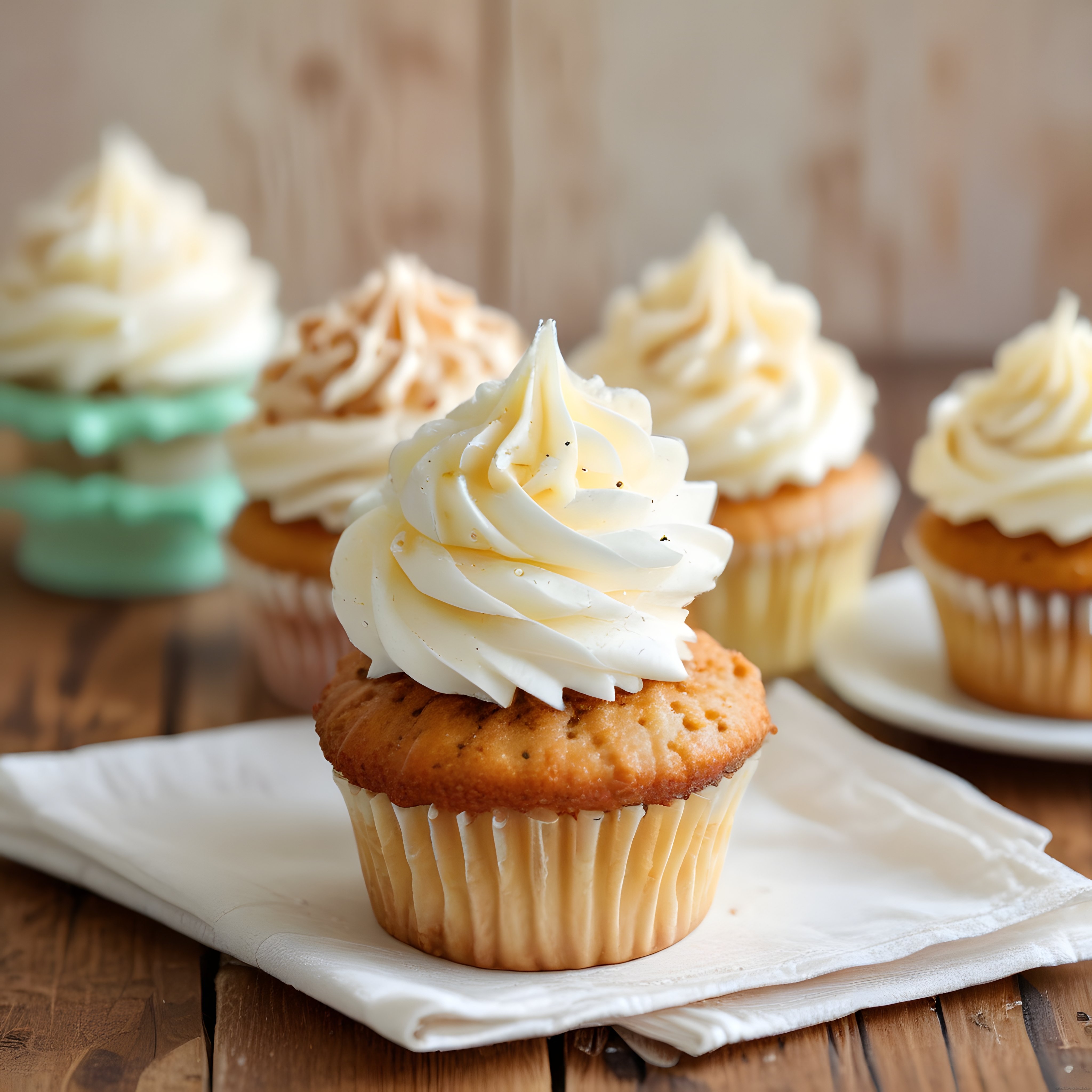 Taze kremalı vanilya cupcake'ler rustik ahşap masa üzerinde sunuldu