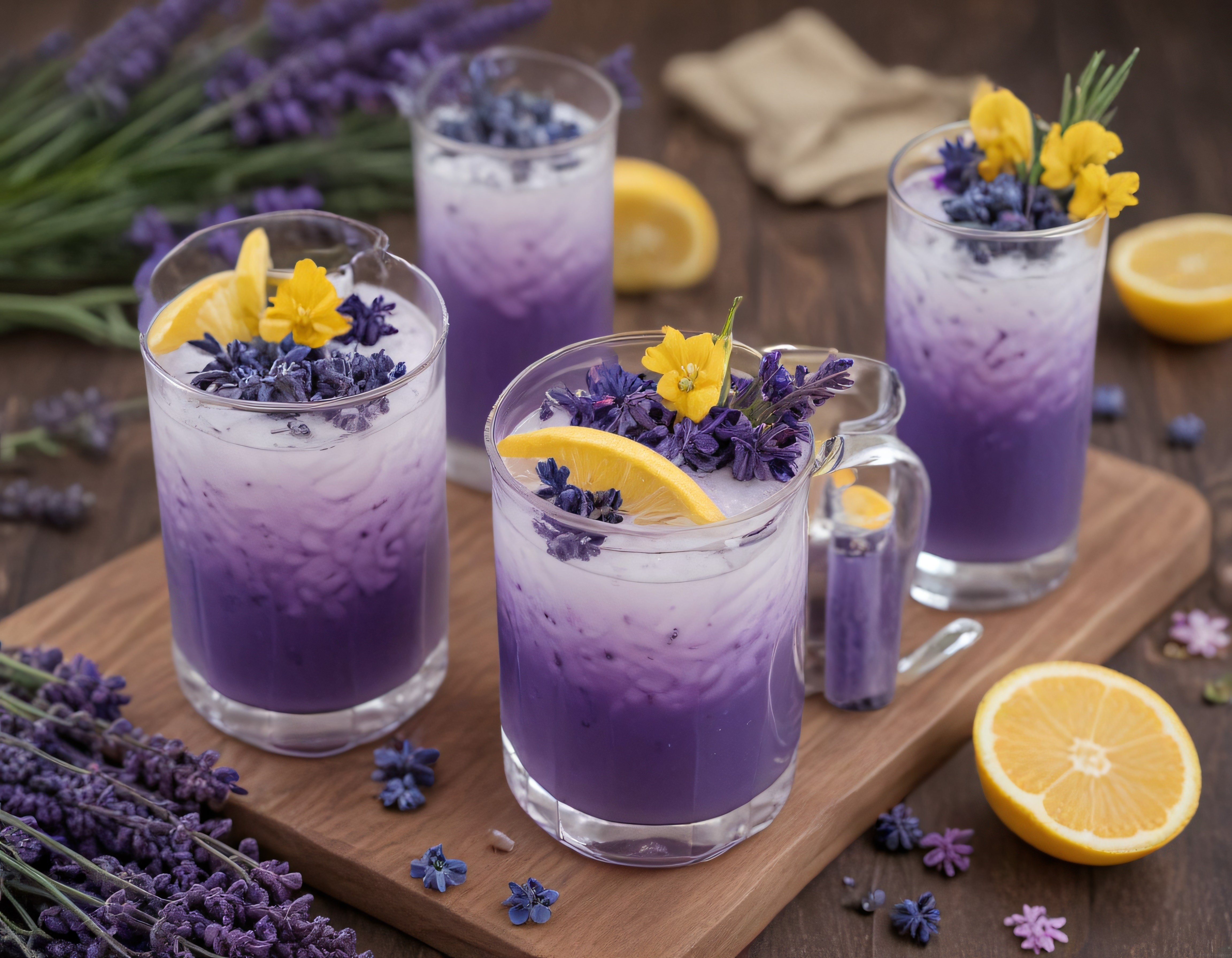 Taze Lavanta ve Limon Dilimleriyle Süslenmiş Serinletici Mor İçecek Sunumu