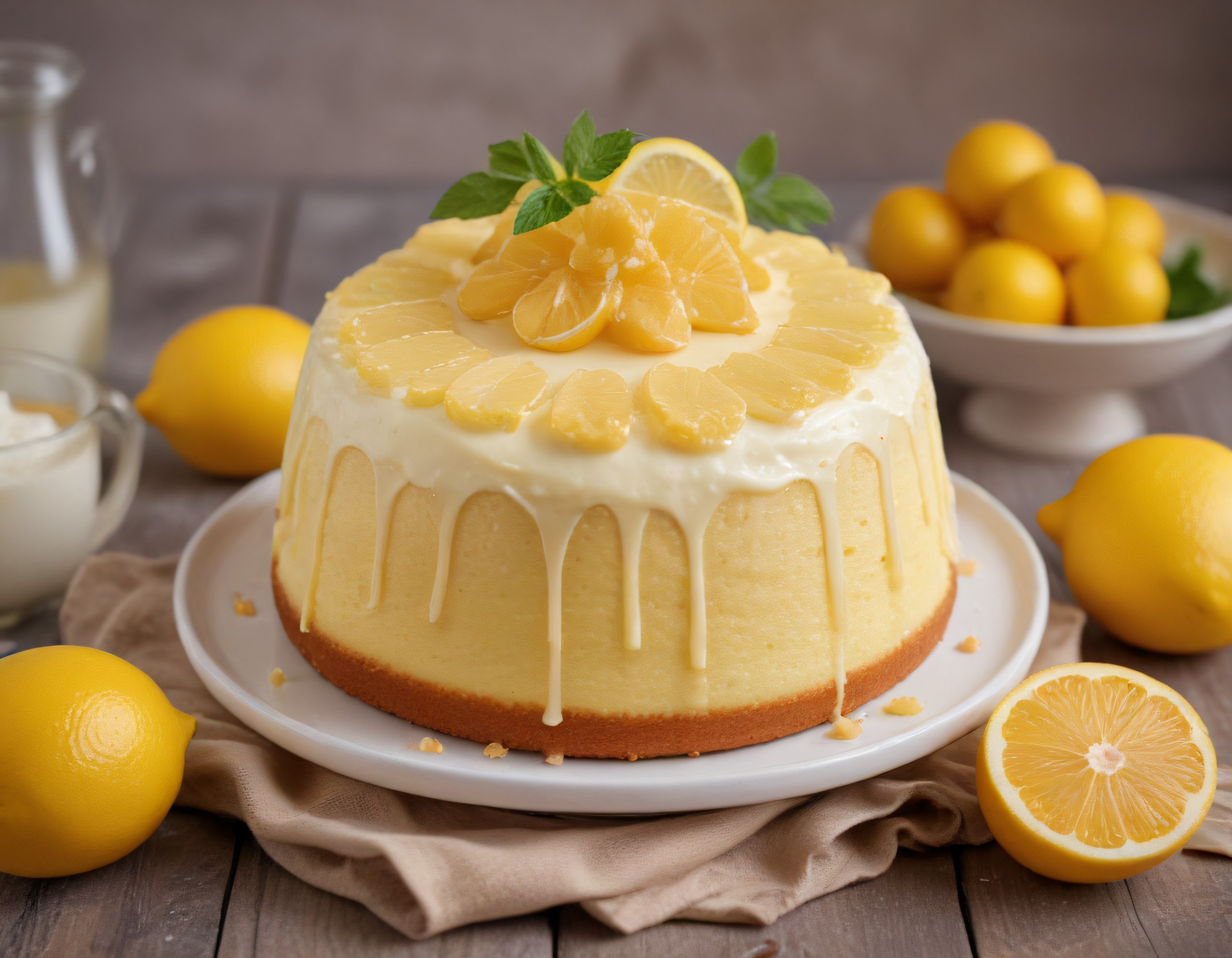 Taze Limon Dilimleriyle Süslenmiş Beyaz Glazürlü Limonlu Pasta