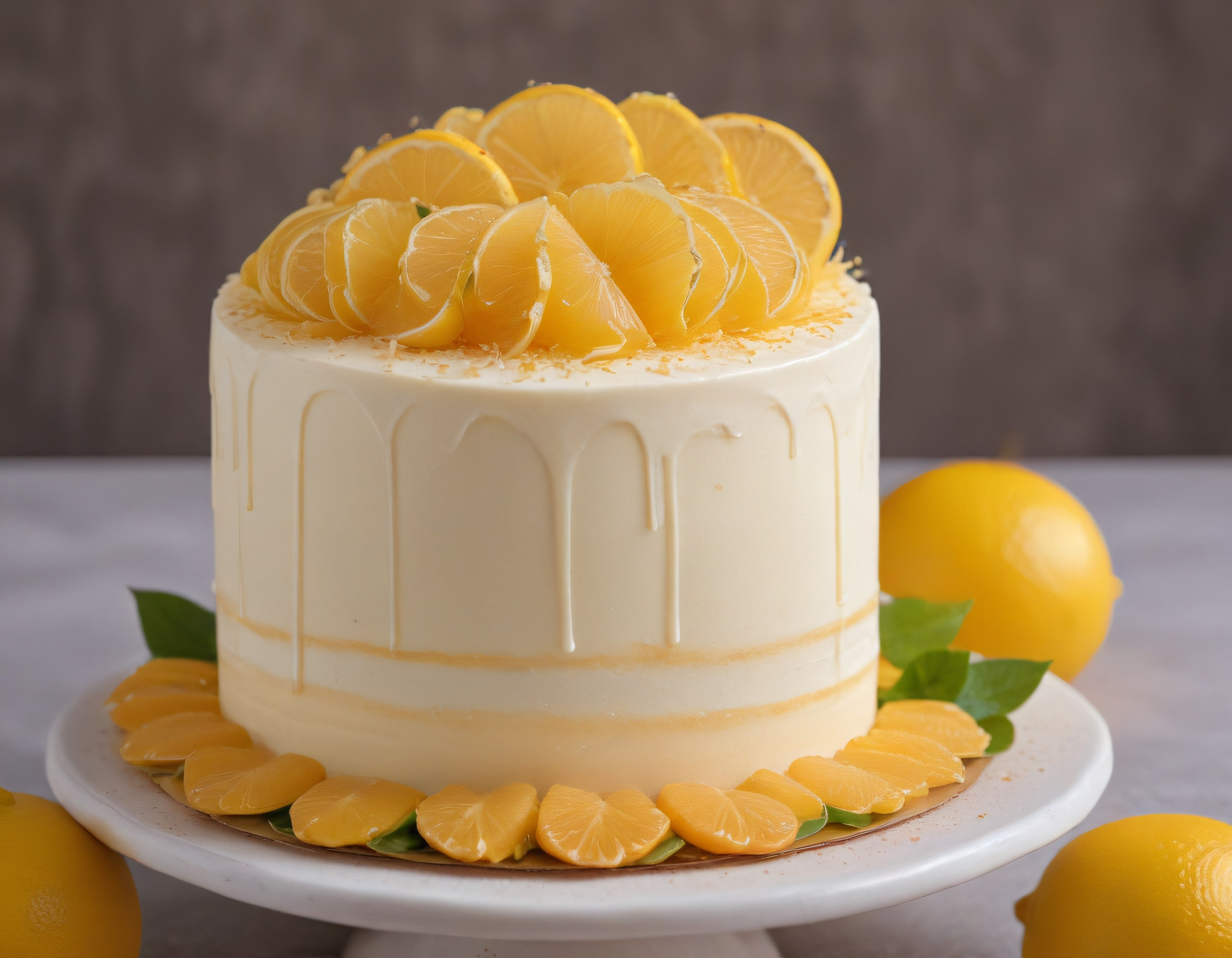Taze Limon Dilimleriyle Süslenmiş Beyaz Kremalı Doğum Günü Pastası