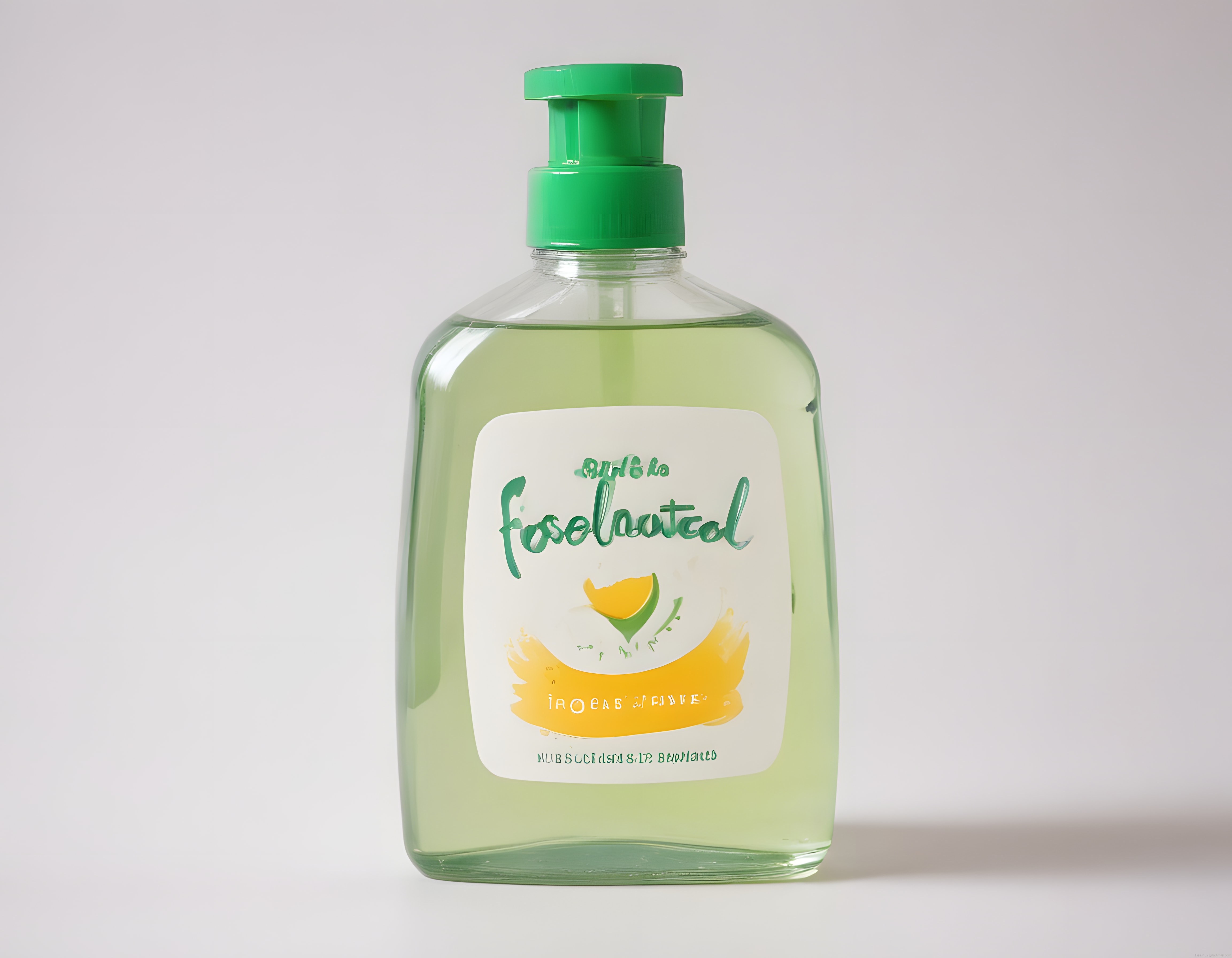 Taze limon ferahlığı sunan şeffaf sabun şişesi, yeşil pompa başlığı ve arka plan