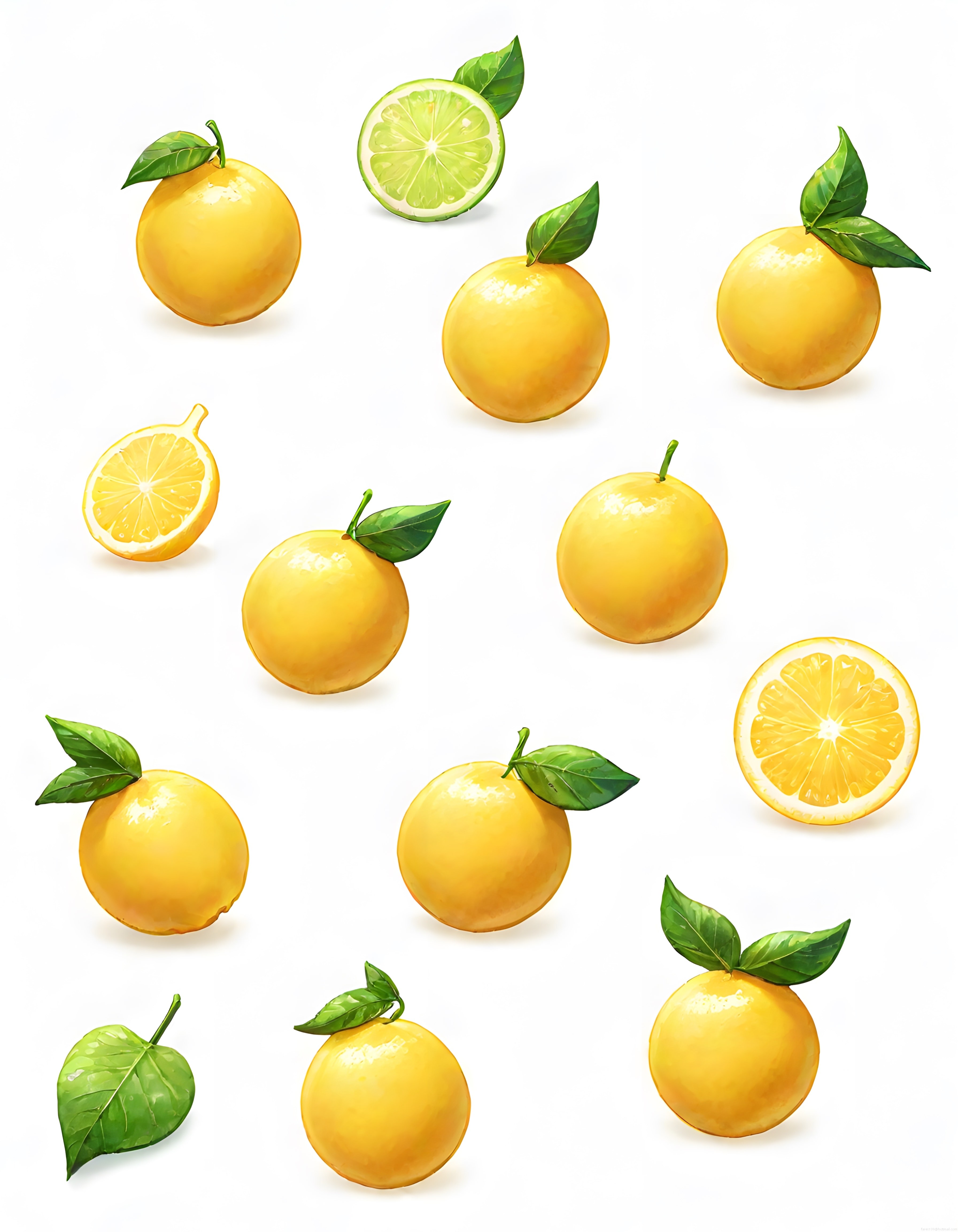 Taze Limon, Limon Dilimi ve Yeşil Yapraklarla Dijital Meyve Koleksiyonu