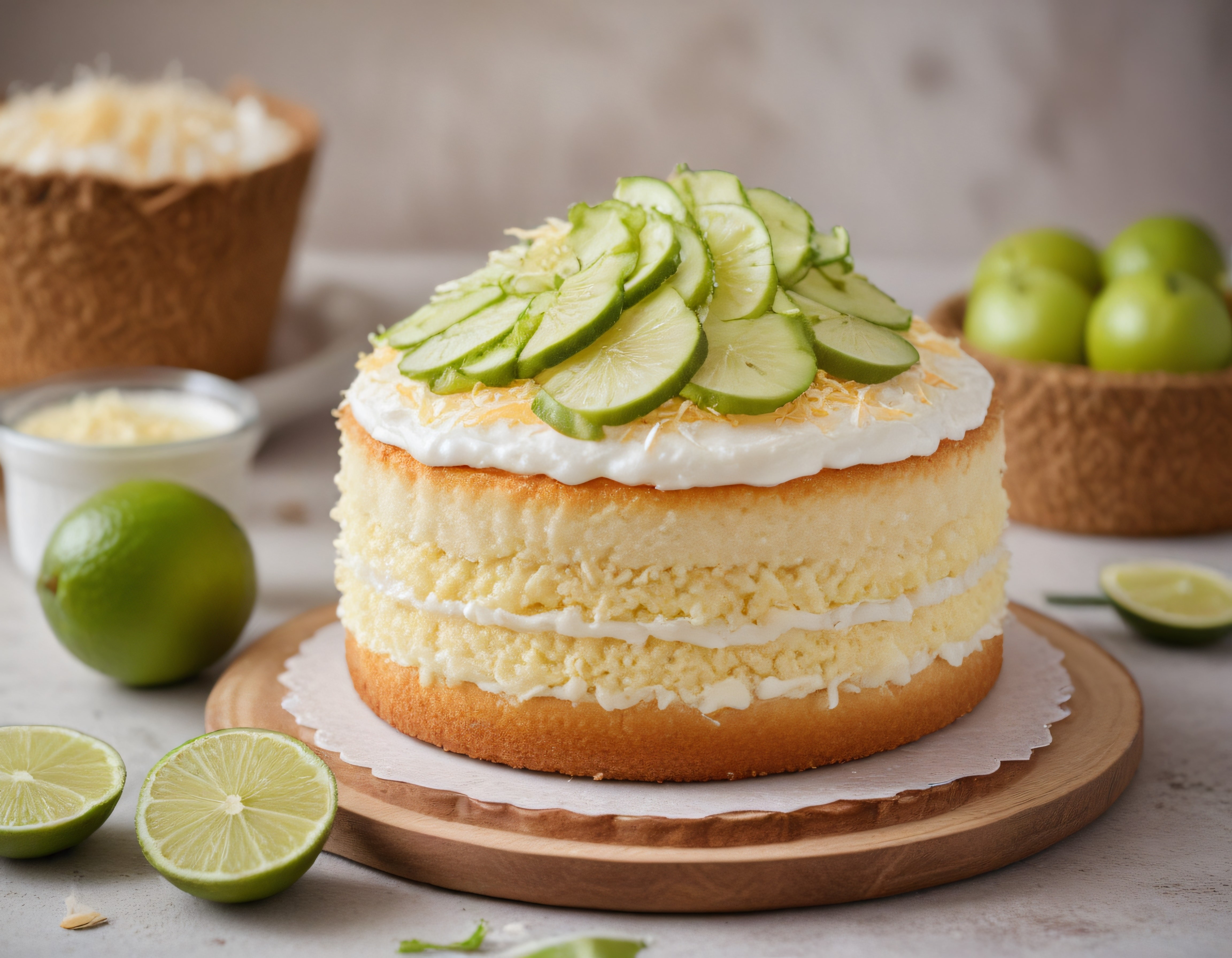 Taze Limon ve Hindistan Cevizi ile Süslenmiş Kremalı Ev Yapımı Pasta