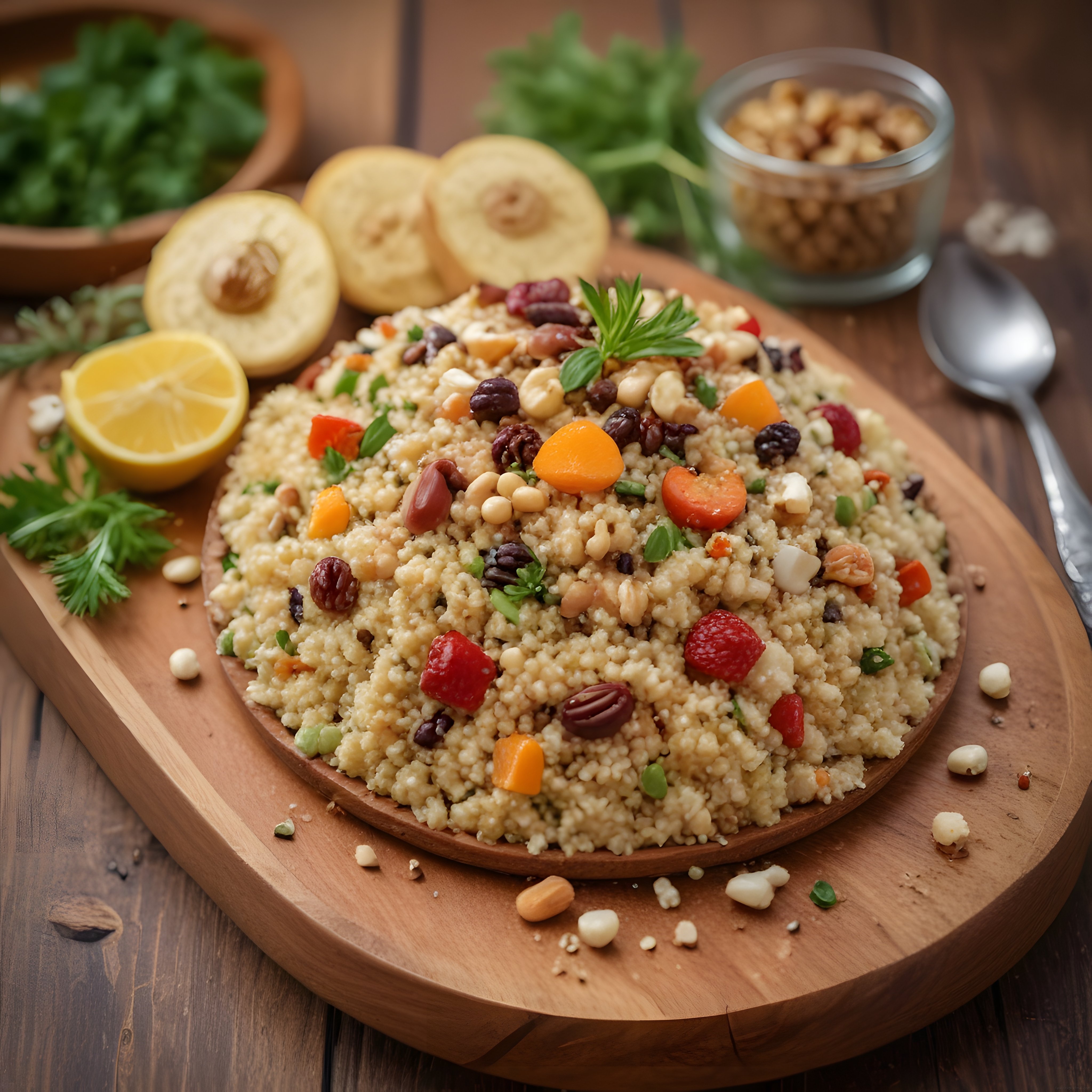 taze limon ve yeşilliklerle süslenmiş renkli kuskus salatası rustik sunum