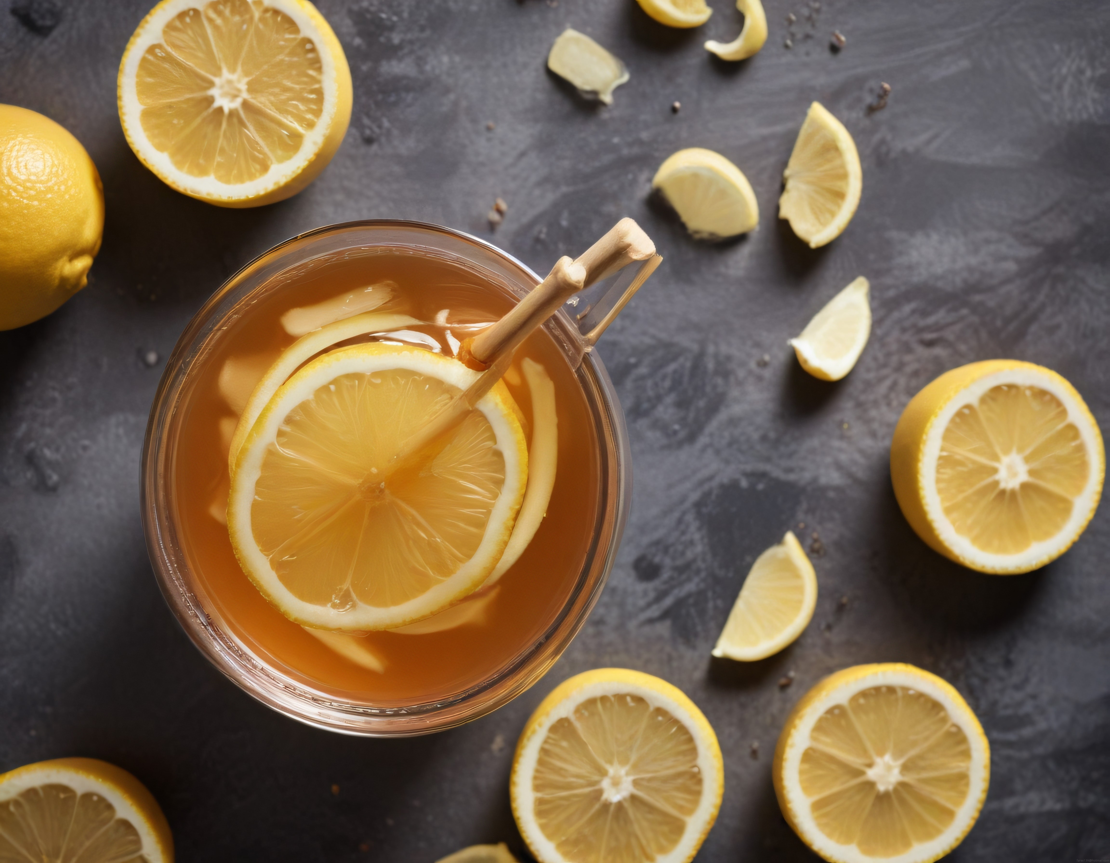 Taze Limon ve Zencefil Dilimleriyle Süslenmiş Sıcacık Bitki Çayı Bardağı