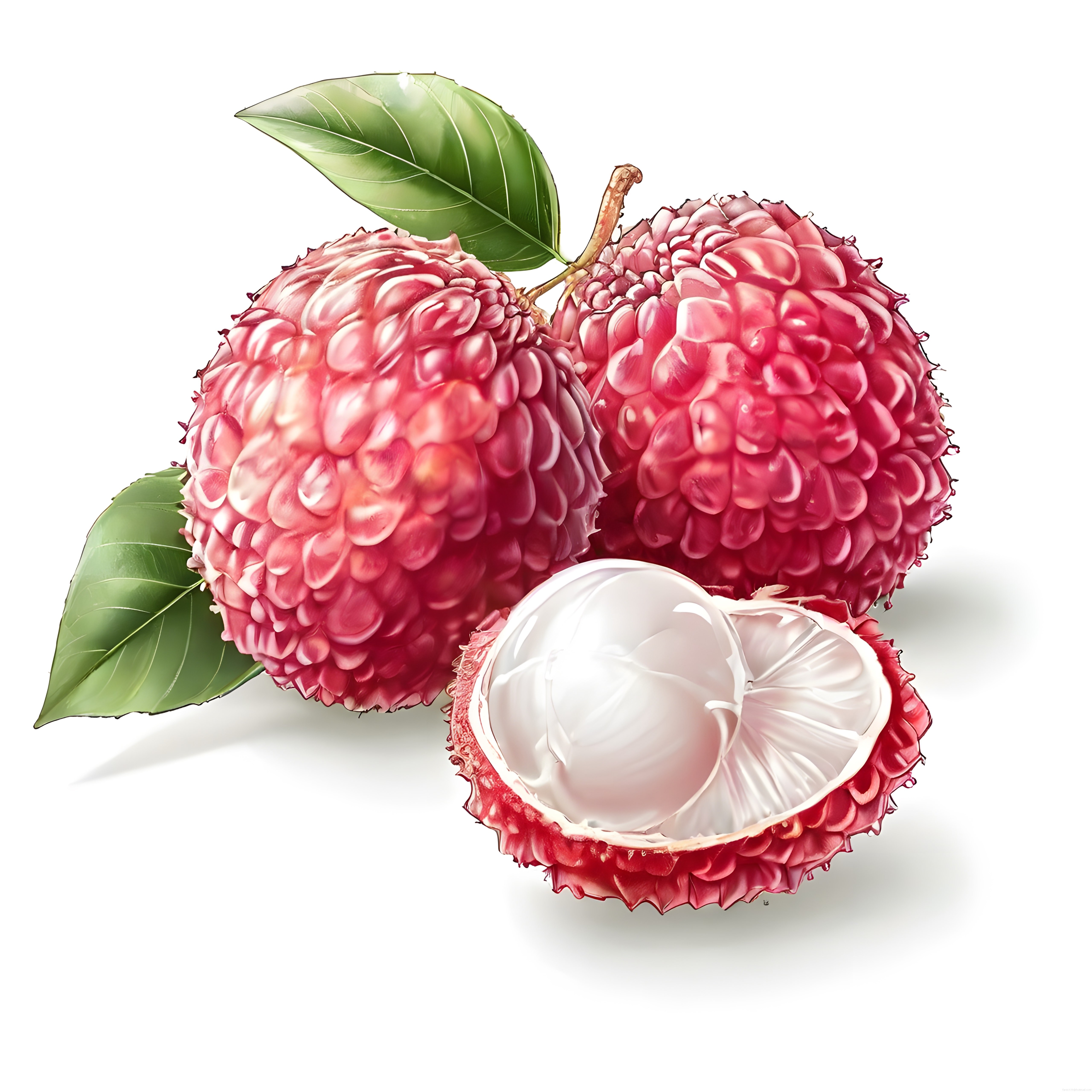 Taze Litchi Meyvesi ve Yapraklarıyla Ferahlatıcı Beyaz Arka Planlı Sunum
