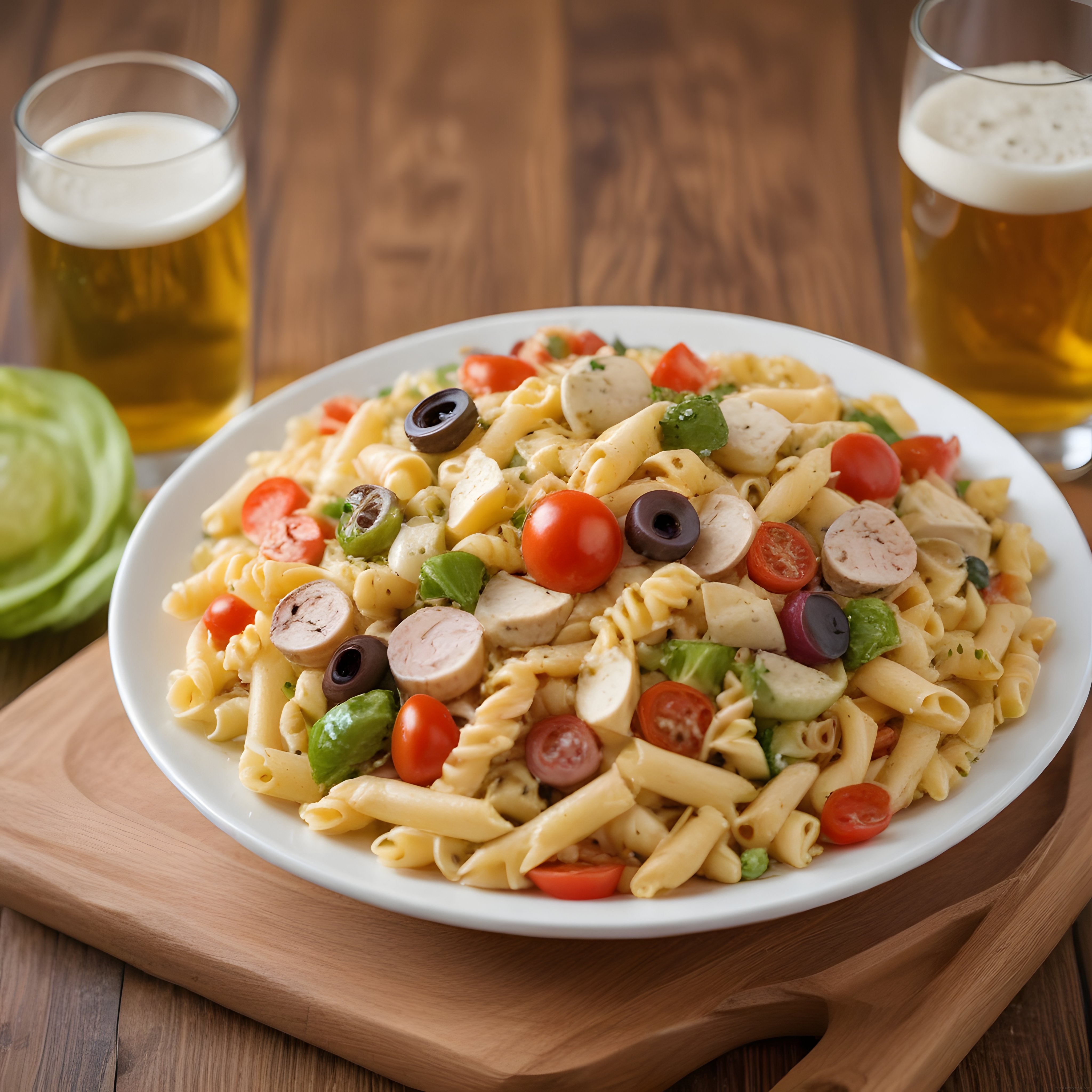 Taze Malzemelerle Hazırlanan Makarna Salatası ve Bira Eşliğinde Lezzetli Sunum