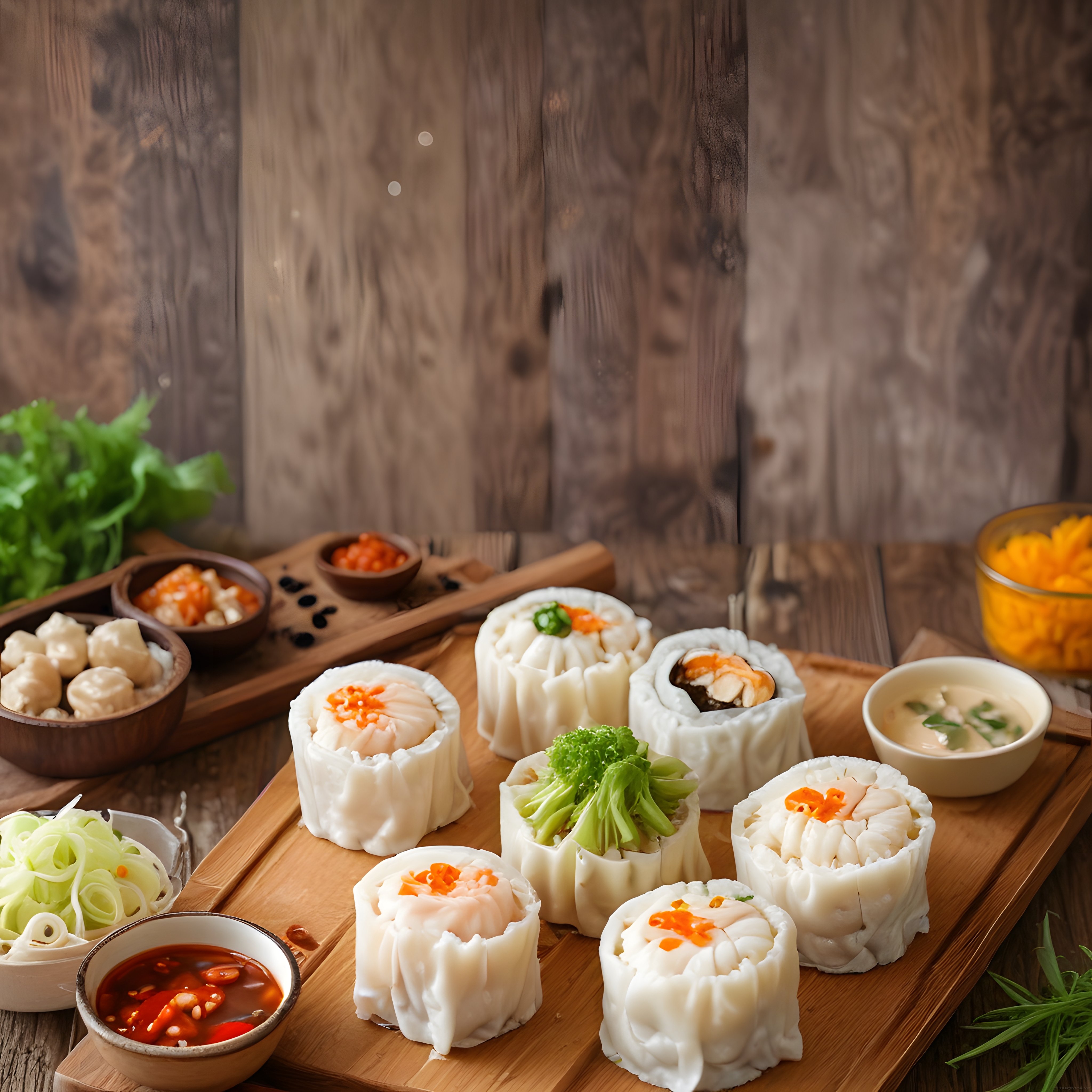 Taze Malzemeli Sushi Çeşitleri ve Asya Soslarının Rustik Ahşap Sunumu