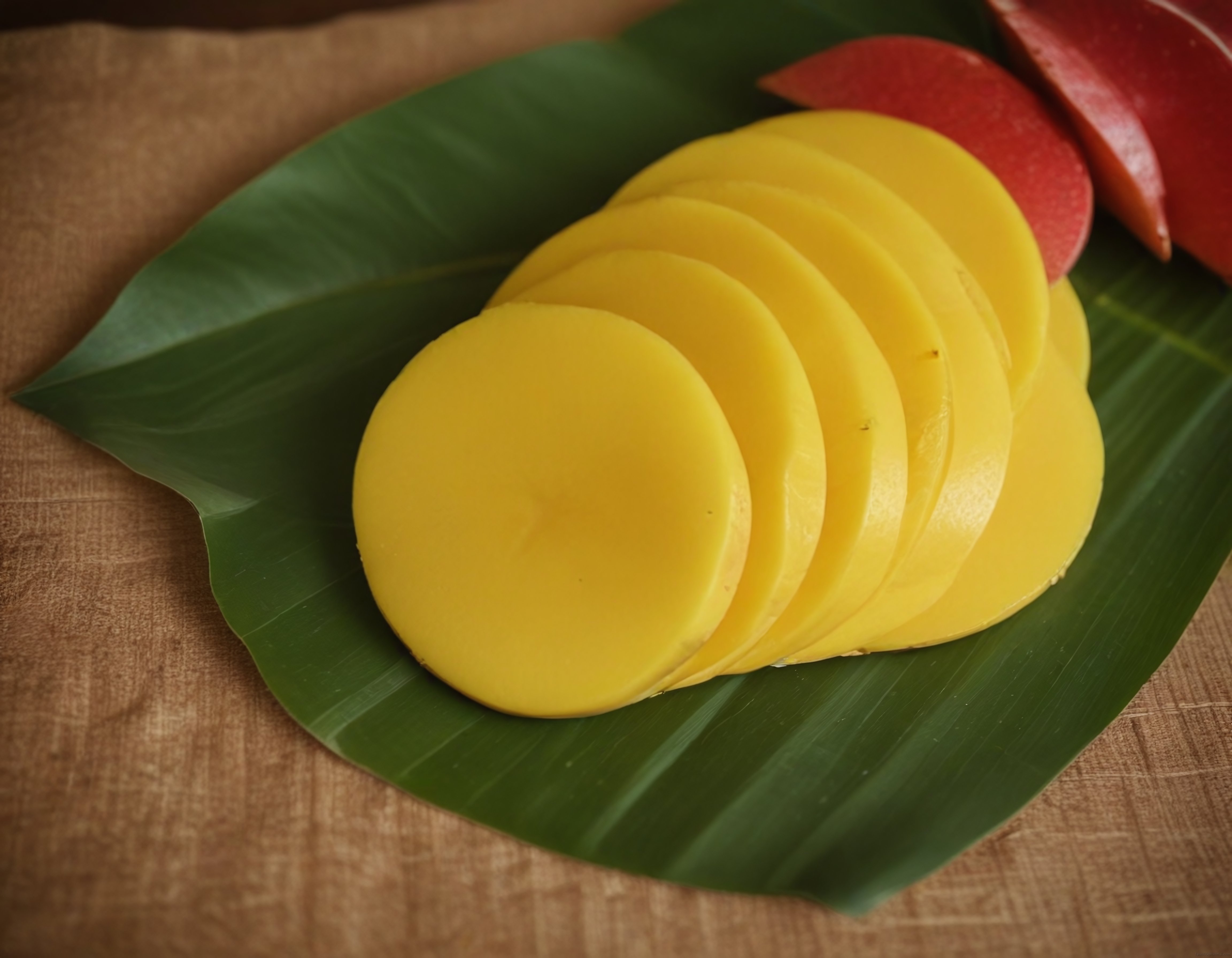 Taze Mango Dilimleri: Tropikal Yeşil Yaprak Üzerinde Estetik Meyve Sunumu
