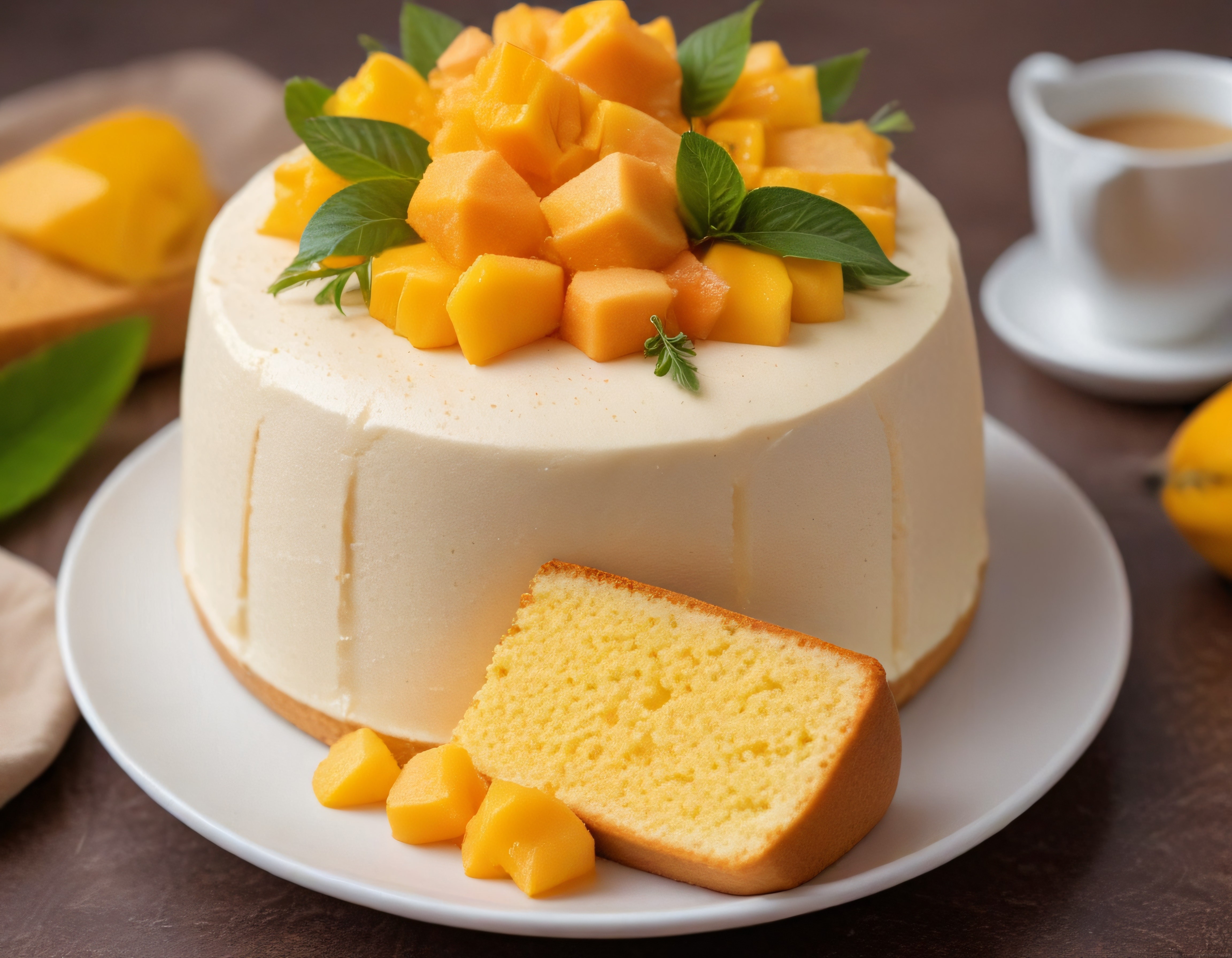 Taze Mango Dilimleriyle Süslenmiş Kremalı Yaz Pastası ve Kesilmiş Dilim