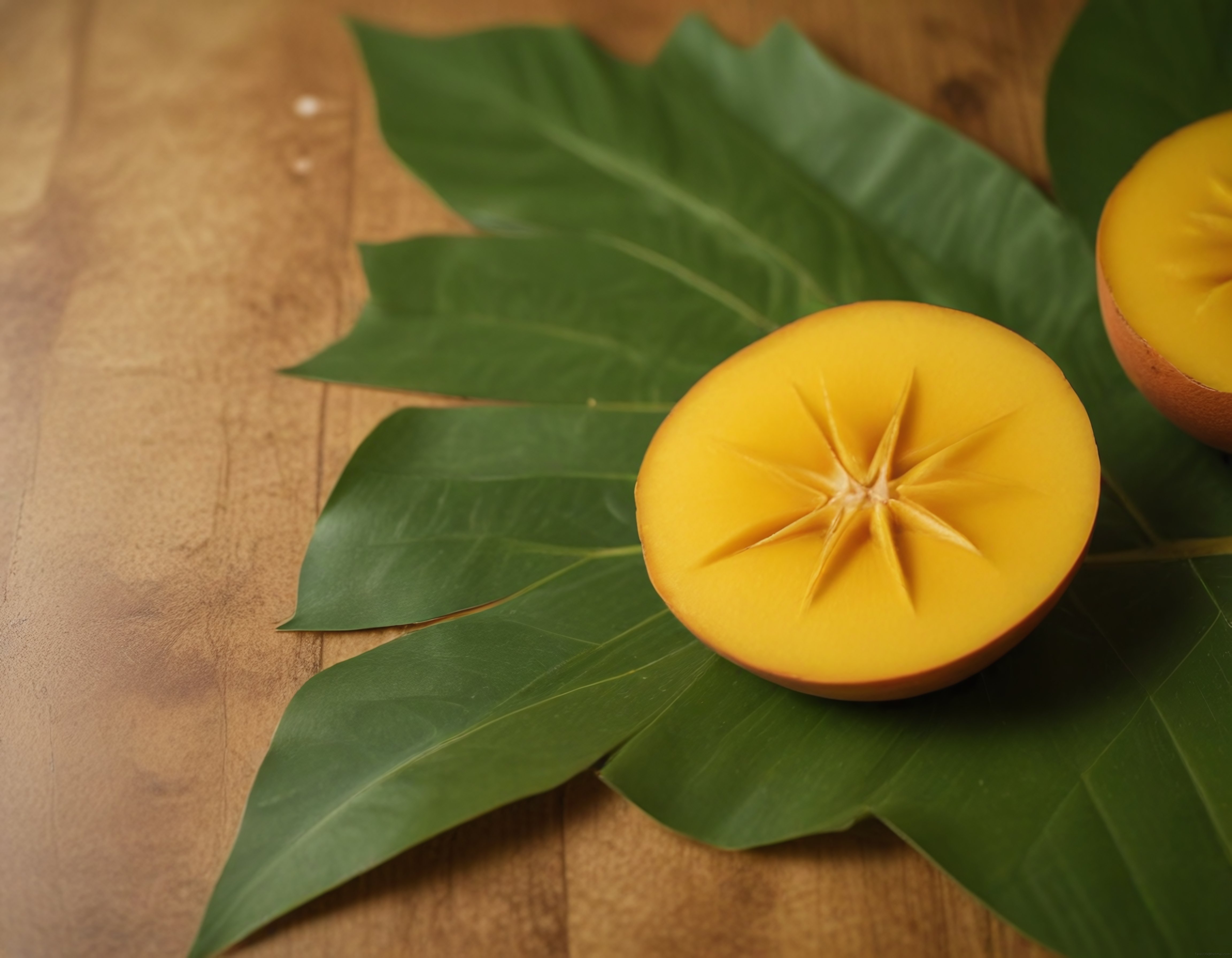 Taze mango kesitleri yeşil yapraklarla ahşap masa üzerinde yakın plan