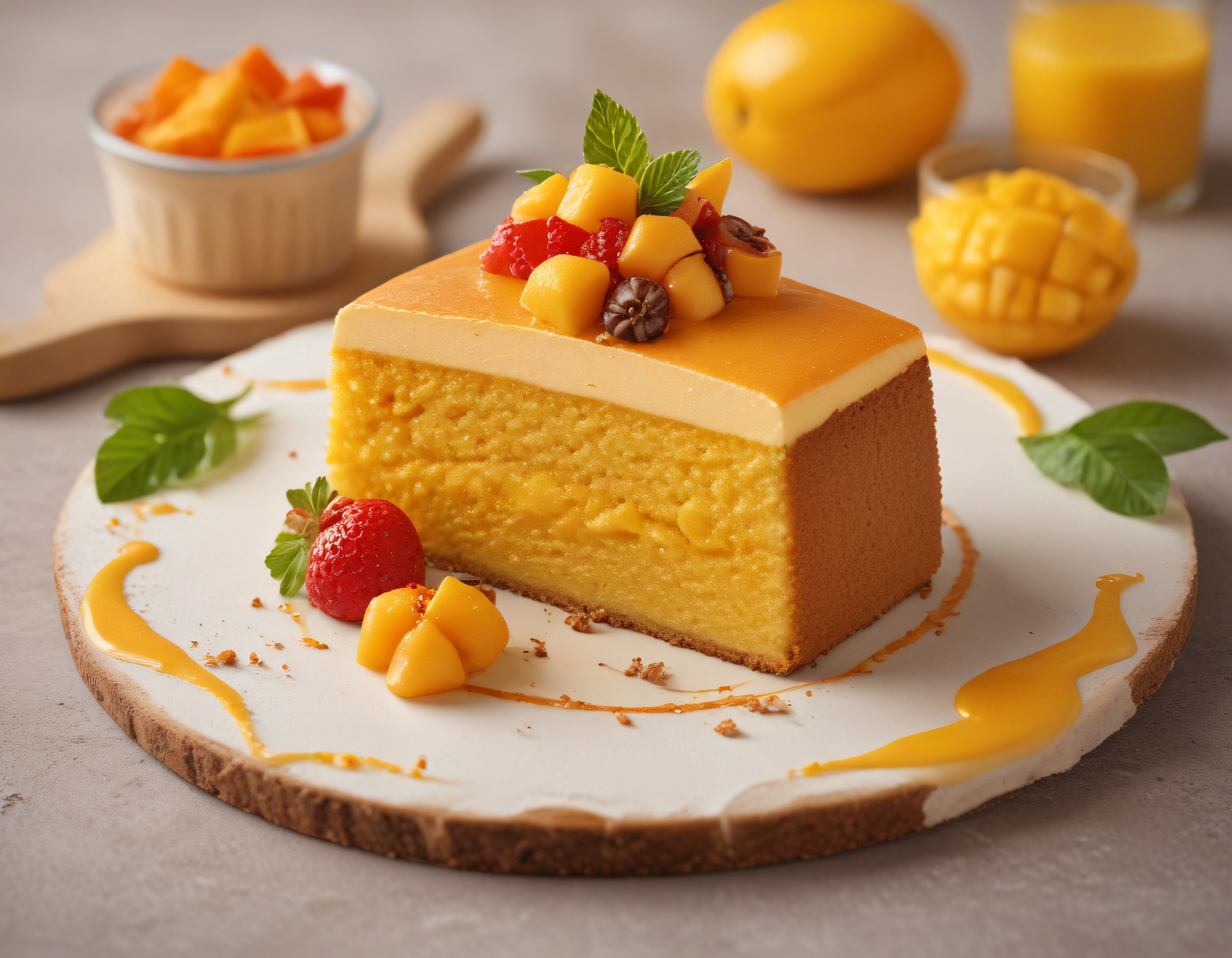 Taze Mango Parçacıklı Cheesecake ve Tropikal Meyve Süslemeli Tatlı Sunumu