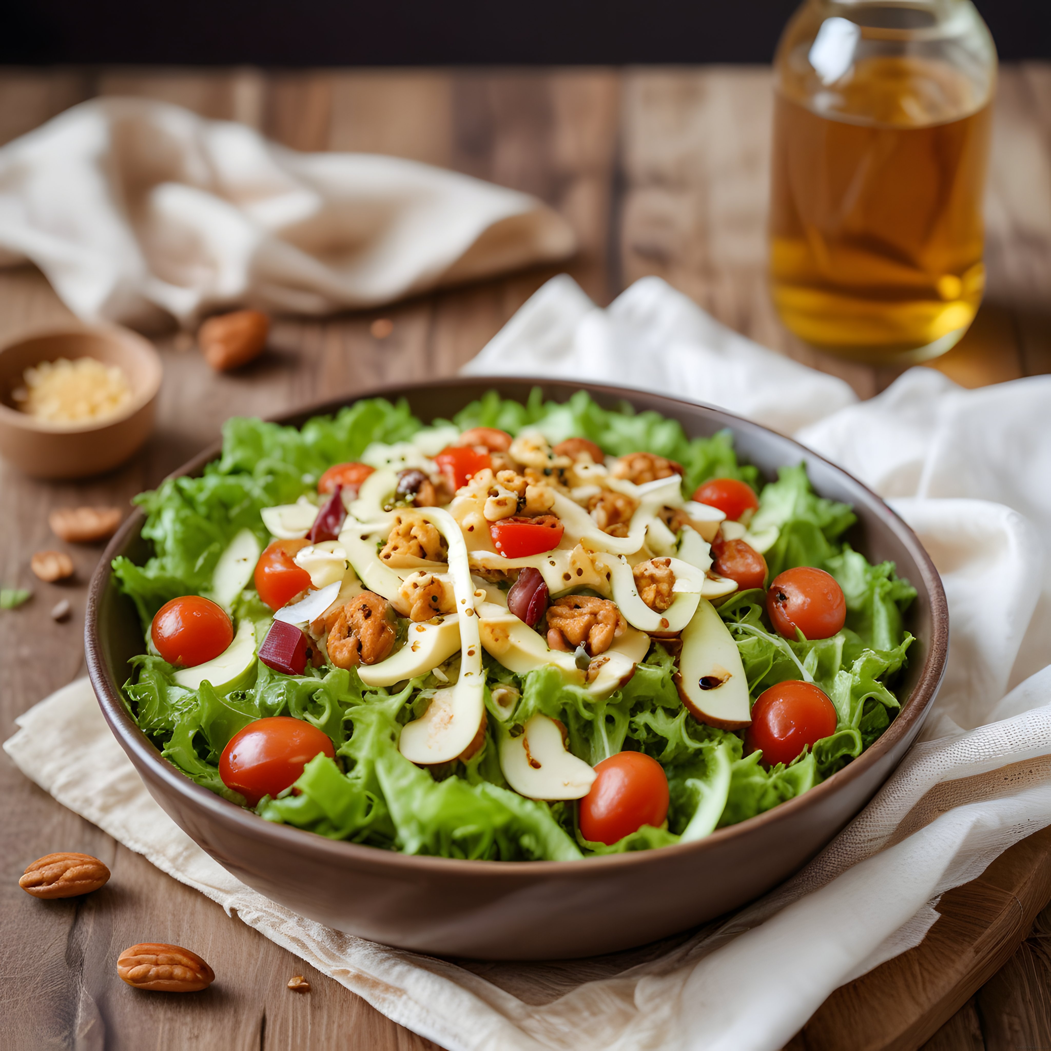 Taze marul, ceviz ve elma dilimleriyle zenginleştirilmiş sağlıklı salata kasesi