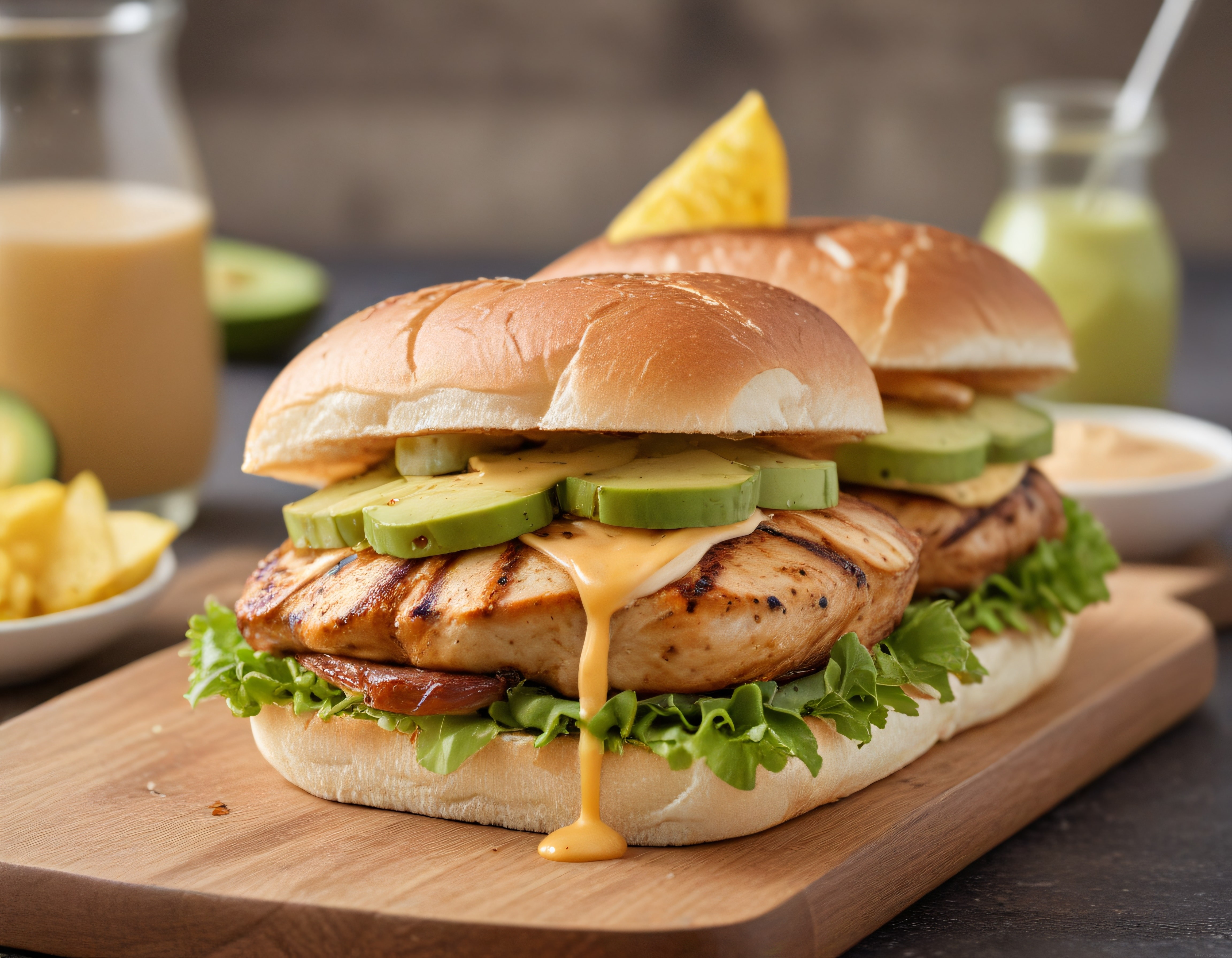 Taze marullu ızgara tavuklu avokadolu burger özel sos ve patates kızartması ile