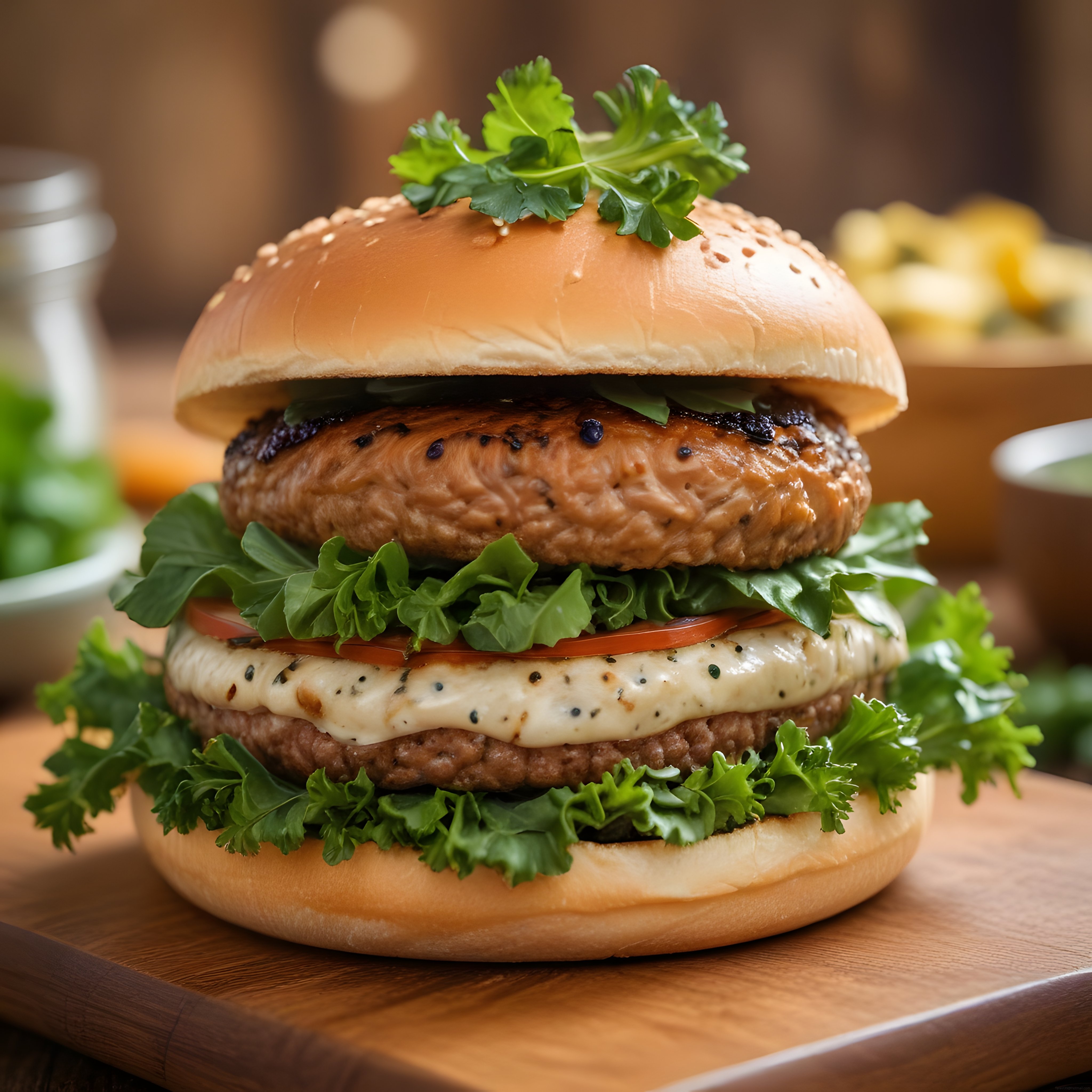 Taze Marullu ve Domatesli Ev Yapımı Çift Katlı Gurme Hamburger Sunumu