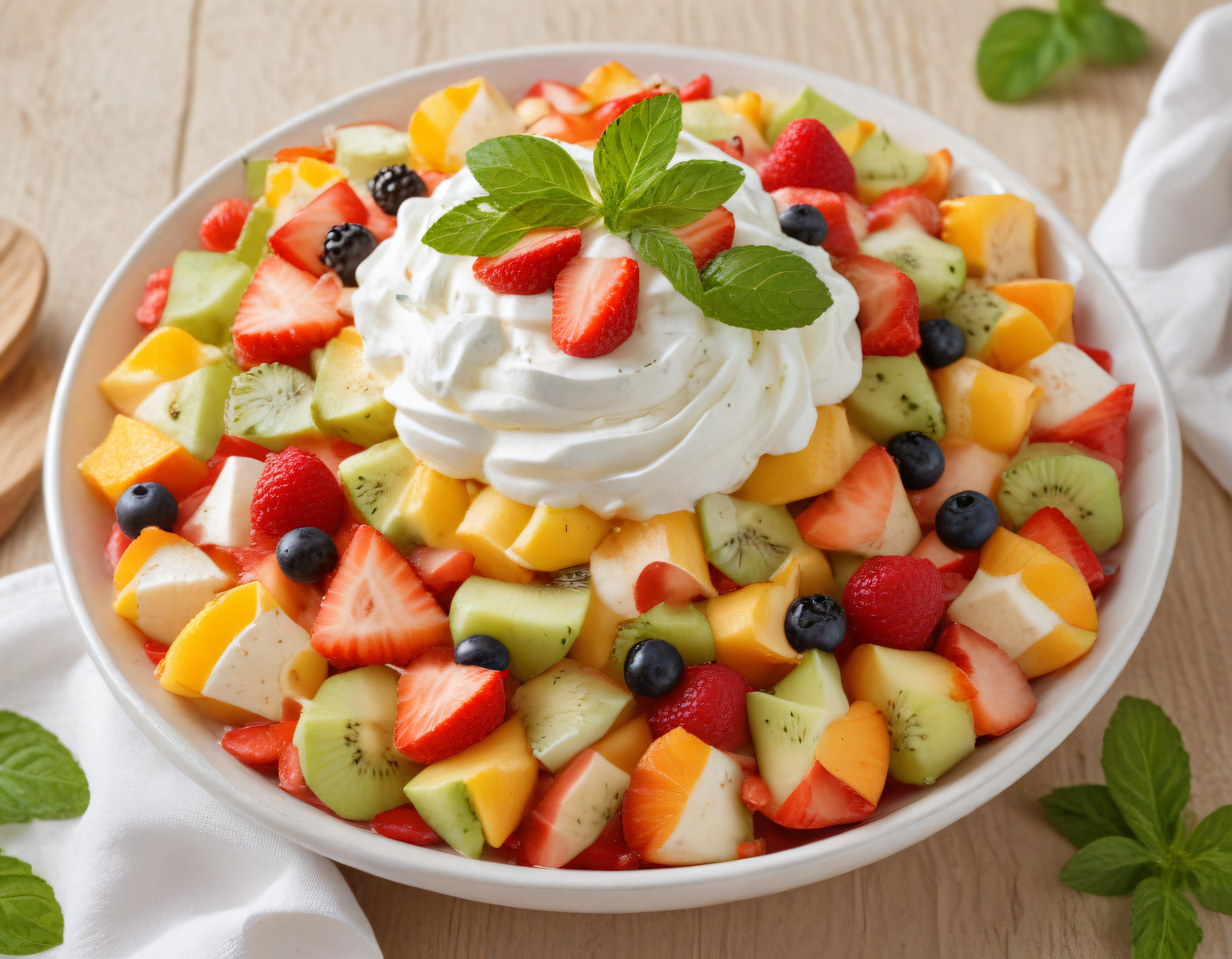 Taze Meyve Salatası: Çilek, Kivi, Yaban Mersini ve Kremalı Lezzet