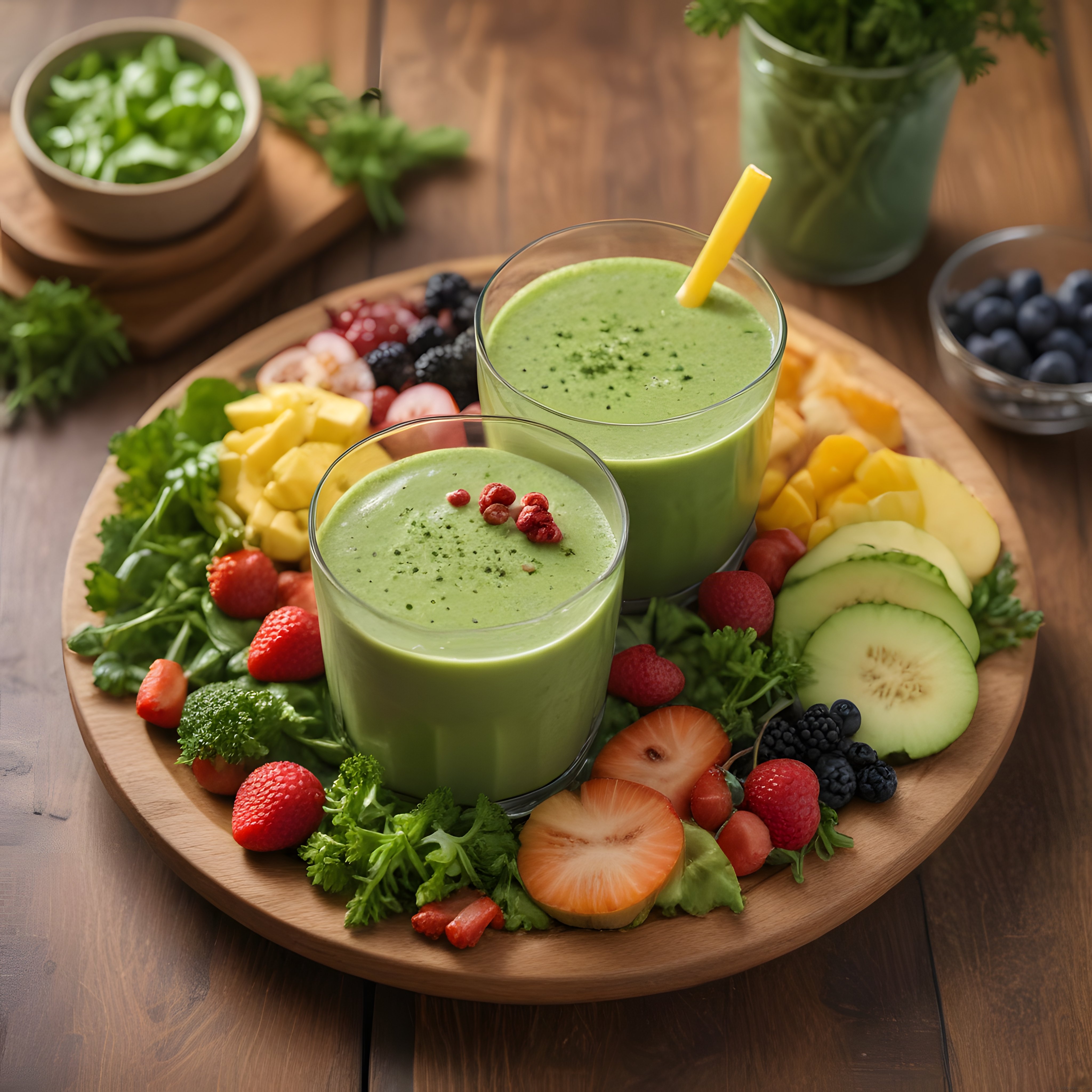 Taze Meyve ve Sebzelerle Süslenmiş Sağlıklı Yeşil Smoothie Sunumu