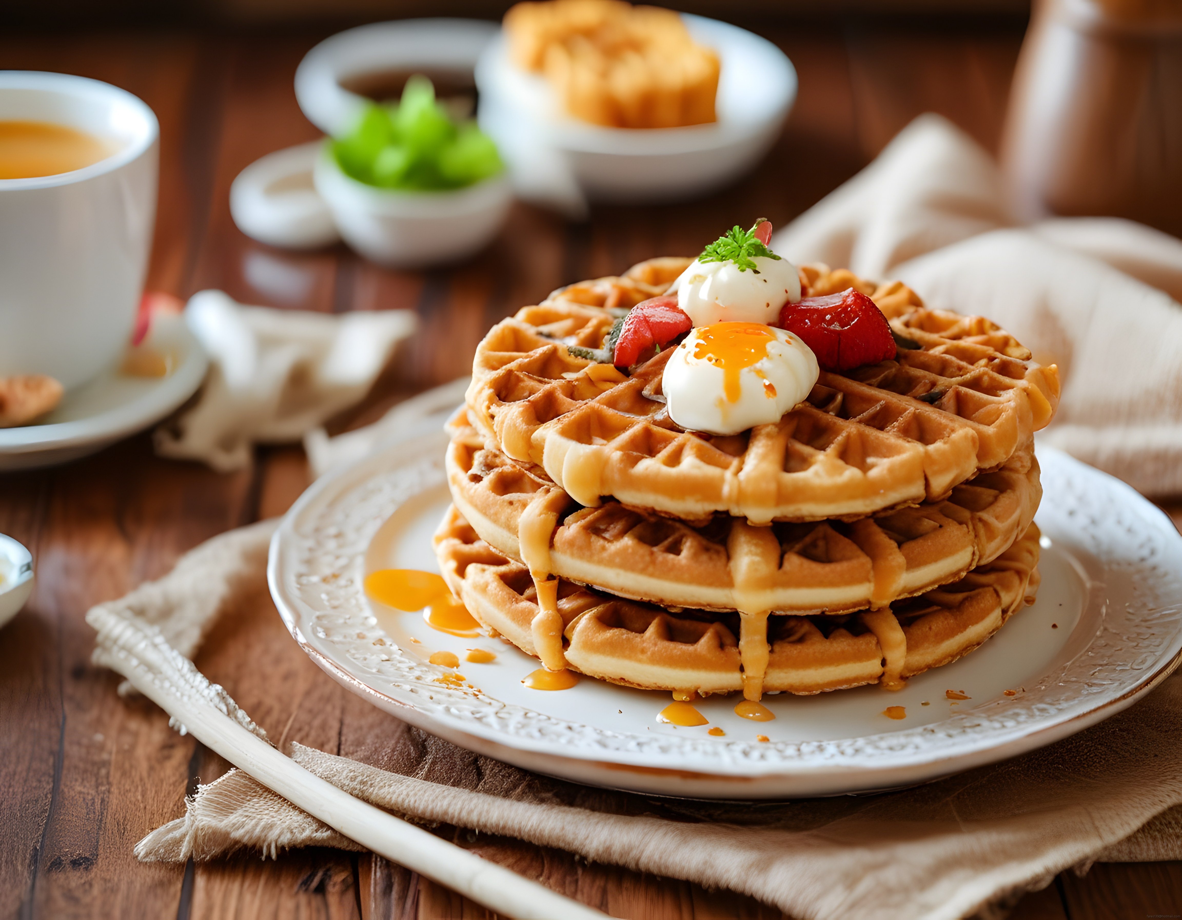 taze meyveler ve akışkan yumurta eşliğinde rustik kahvaltılık waffle sunumu