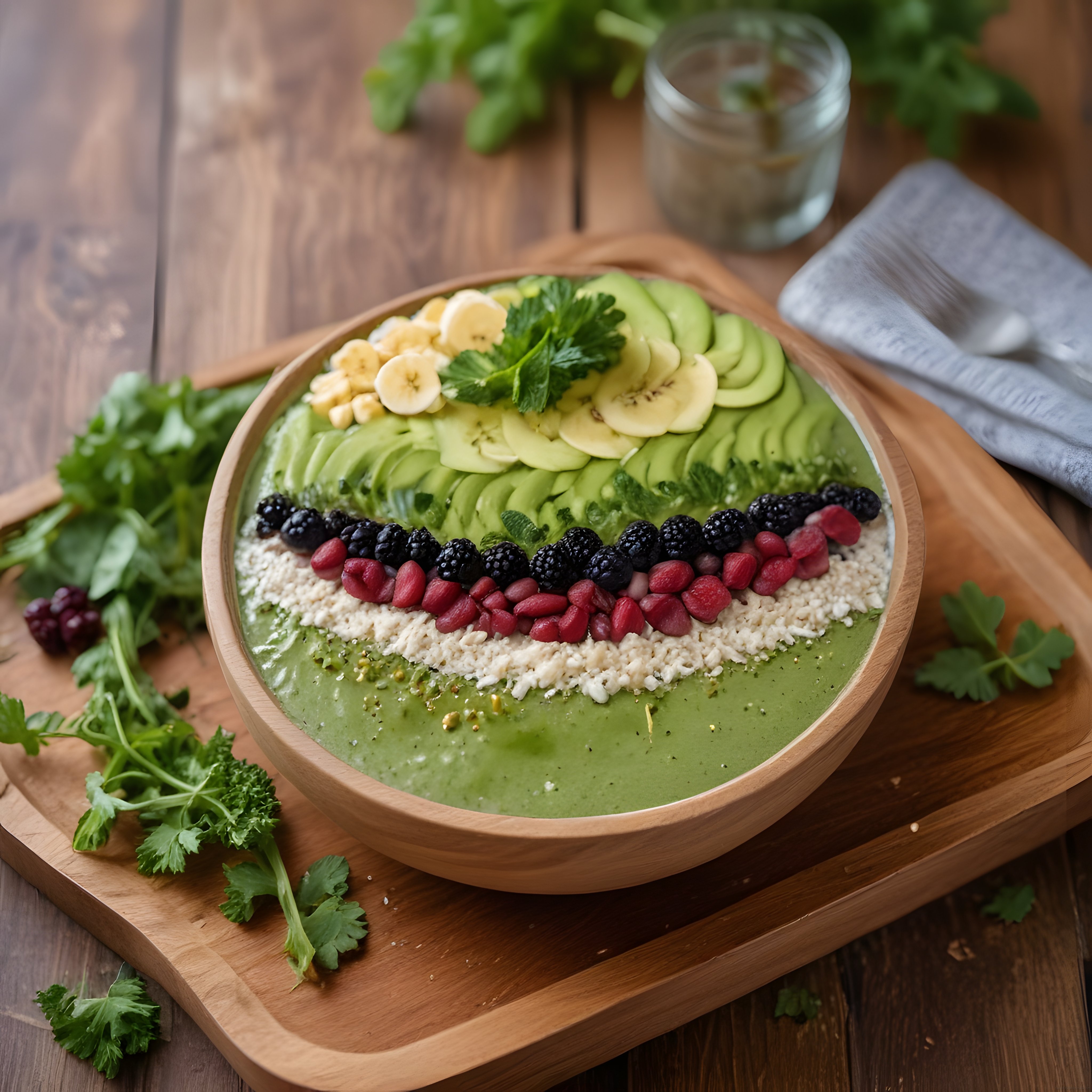 Taze Meyveler ve Avokado ile Süslenmiş Sağlıklı Yeşil Smoothie Bowl