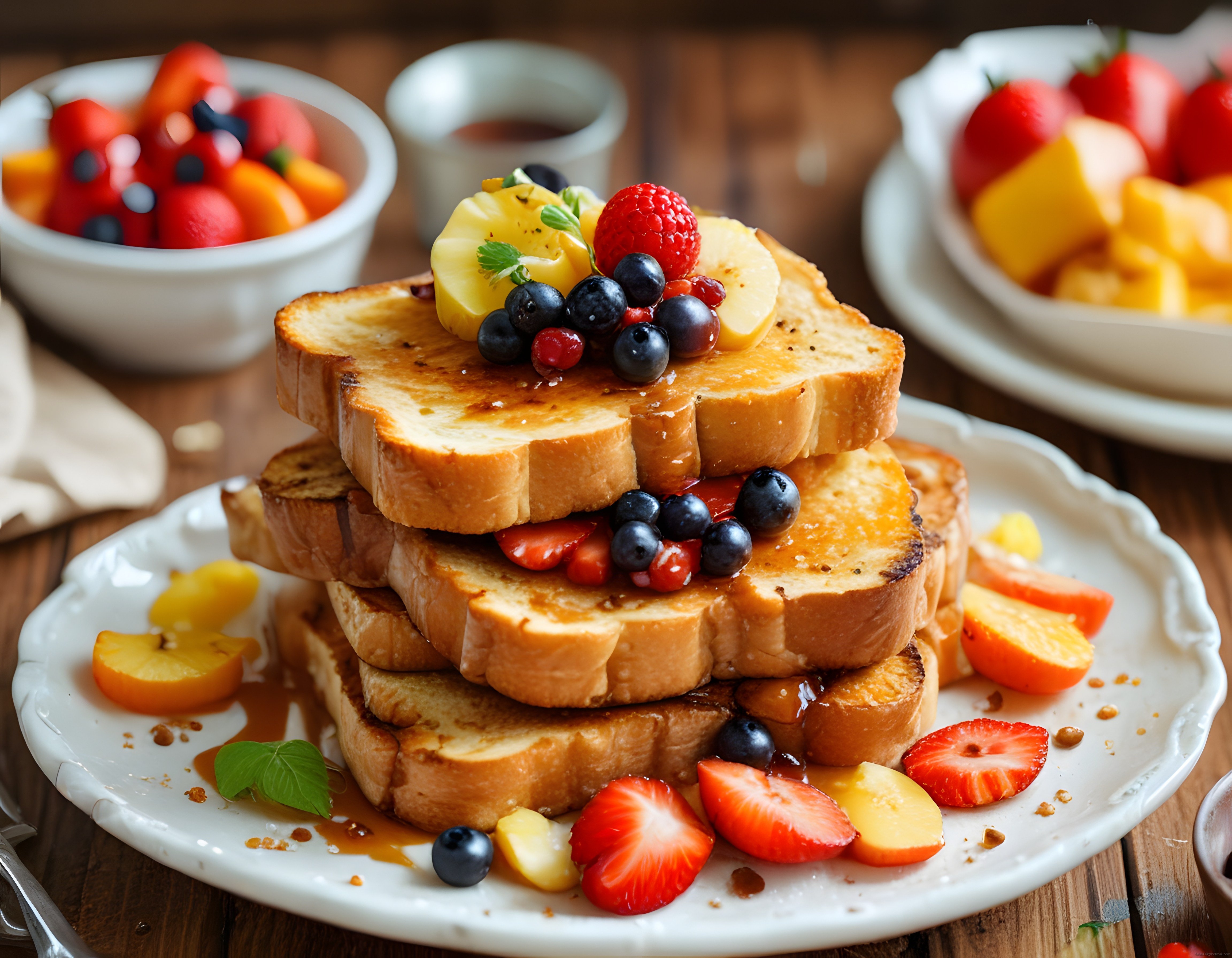 Taze Meyveler ve Bal ile Süslenmiş Kahvaltılık French Toast Kulesi