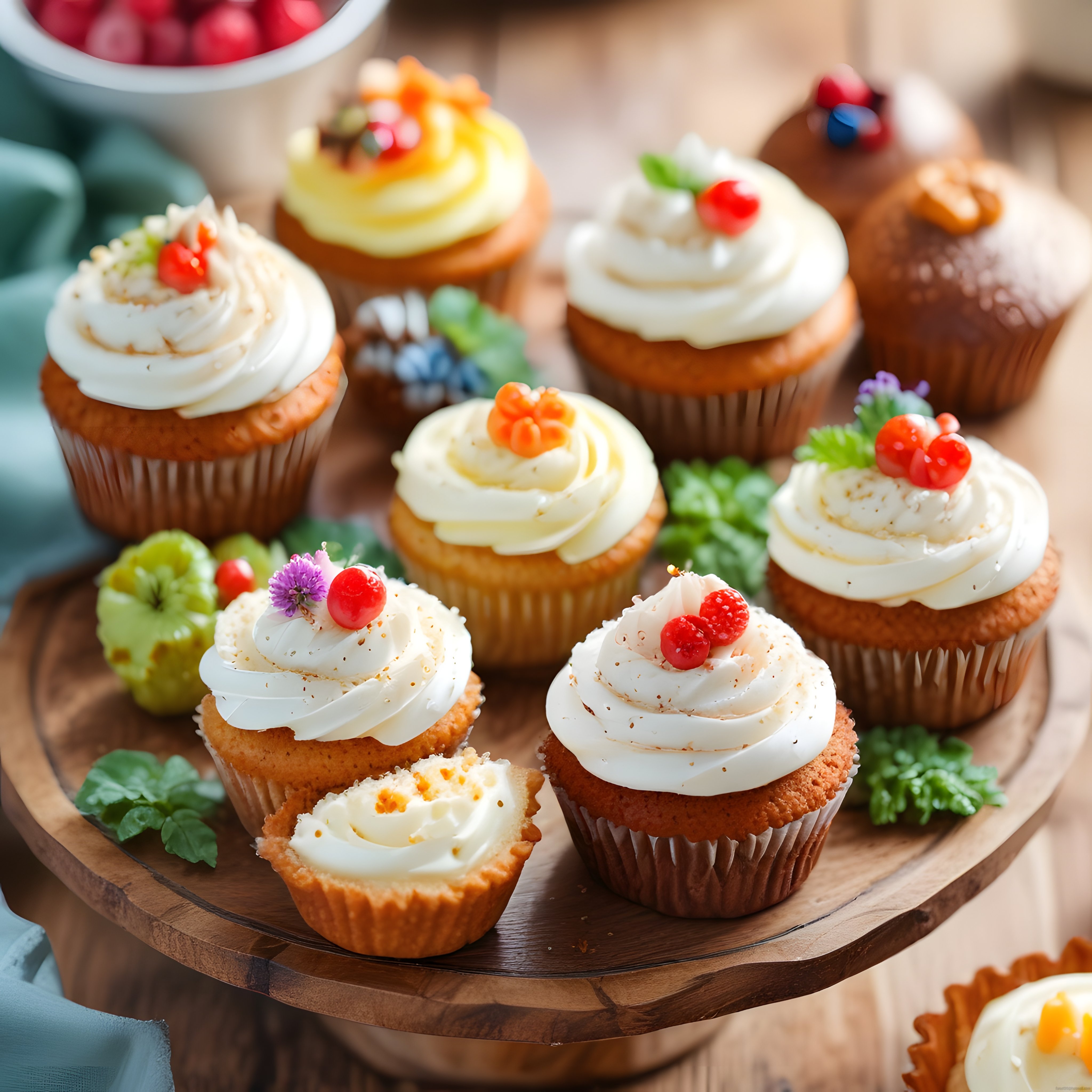 Taze Meyveler ve Çiçeklerle Süslenmiş Ev Yapımı Lezzetli Cupcakeler