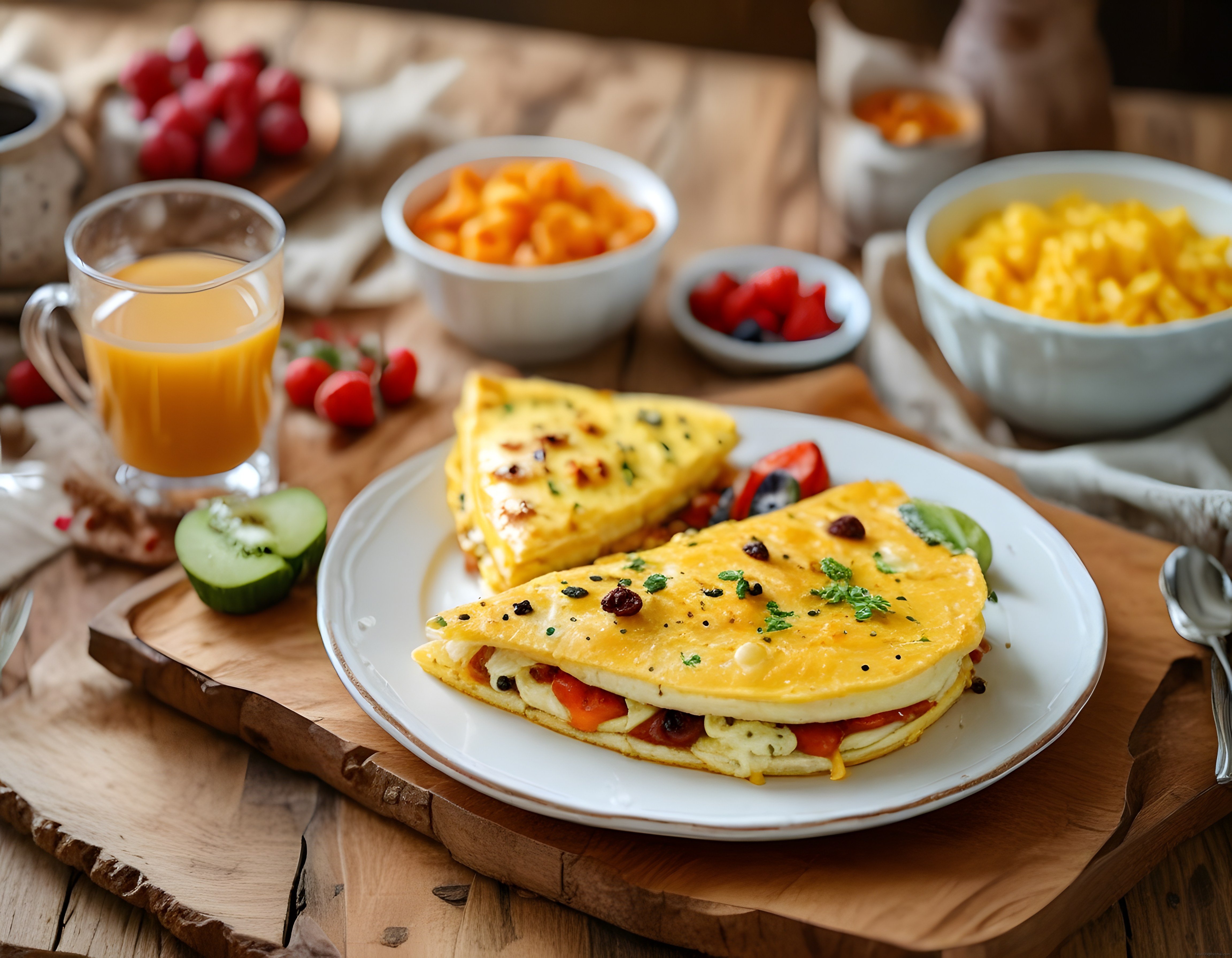 Taze Meyveler ve Domatesli Omletle Zengin Bir Kahvaltı Sofrası