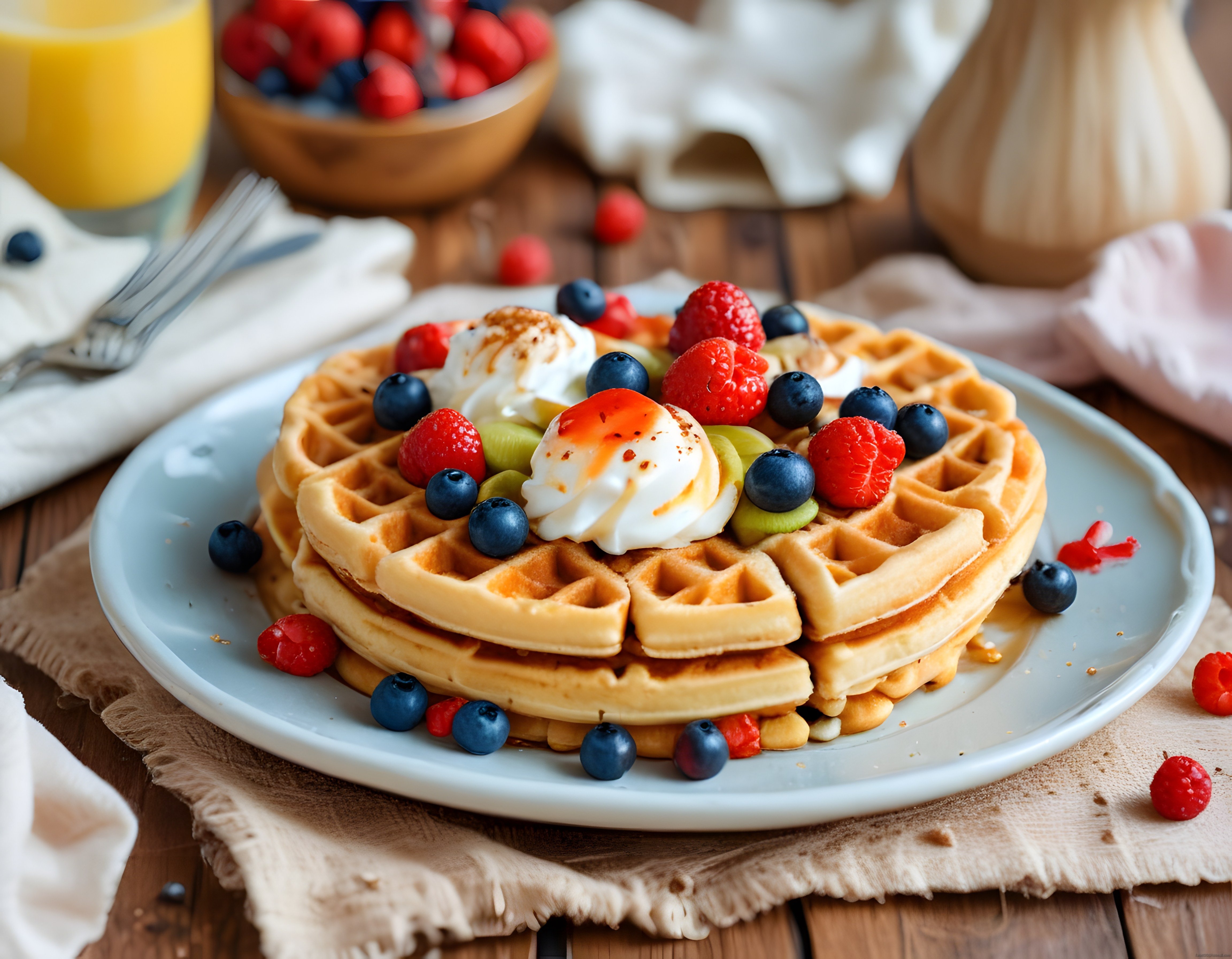 Taze Meyveler ve Kremalı Ev Yapımı Waffle ile Renkli Kahvaltı Sofrası