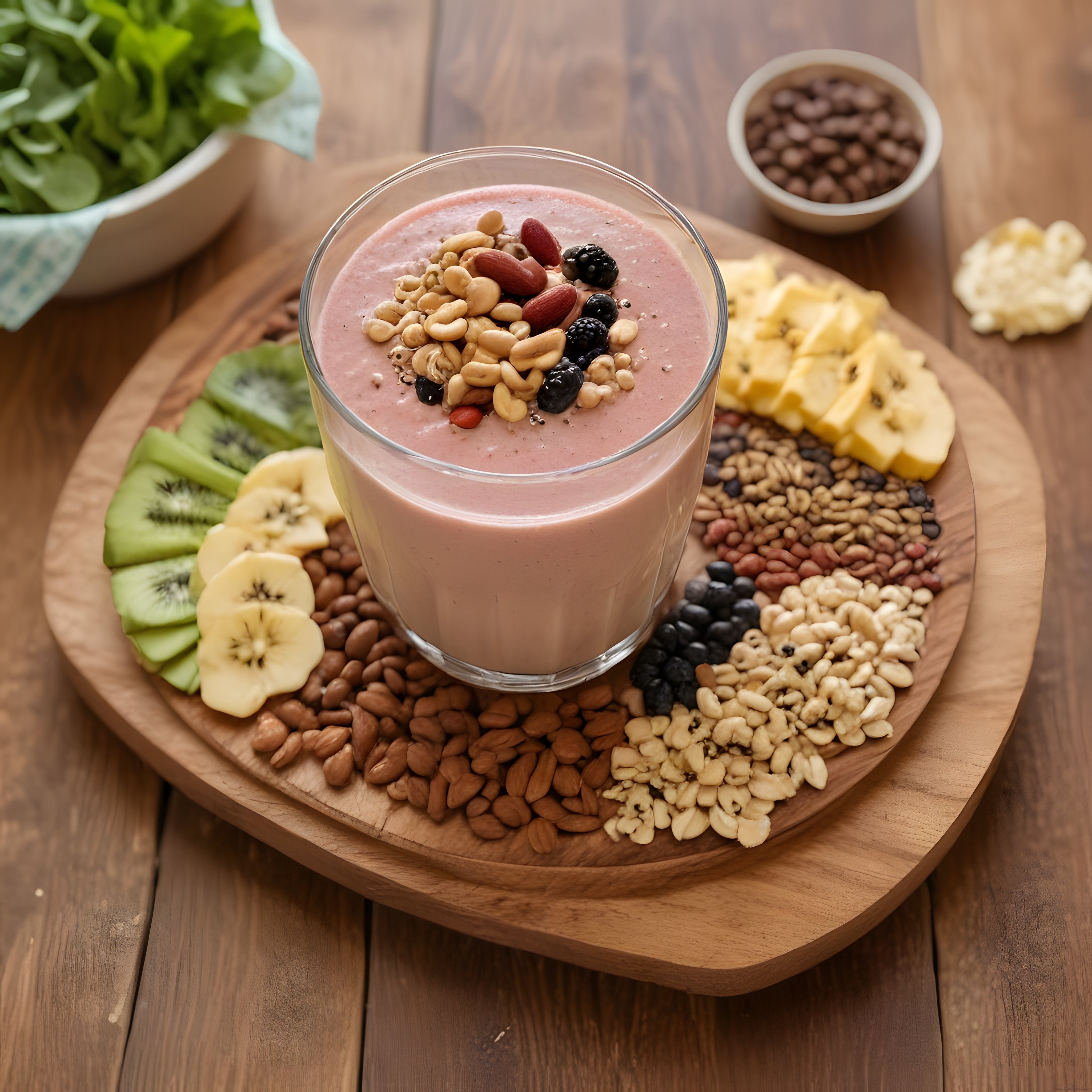 Taze Meyveler ve Kuruyemişlerle Süslenmiş Ev Yapımı Smoothie Bardakta