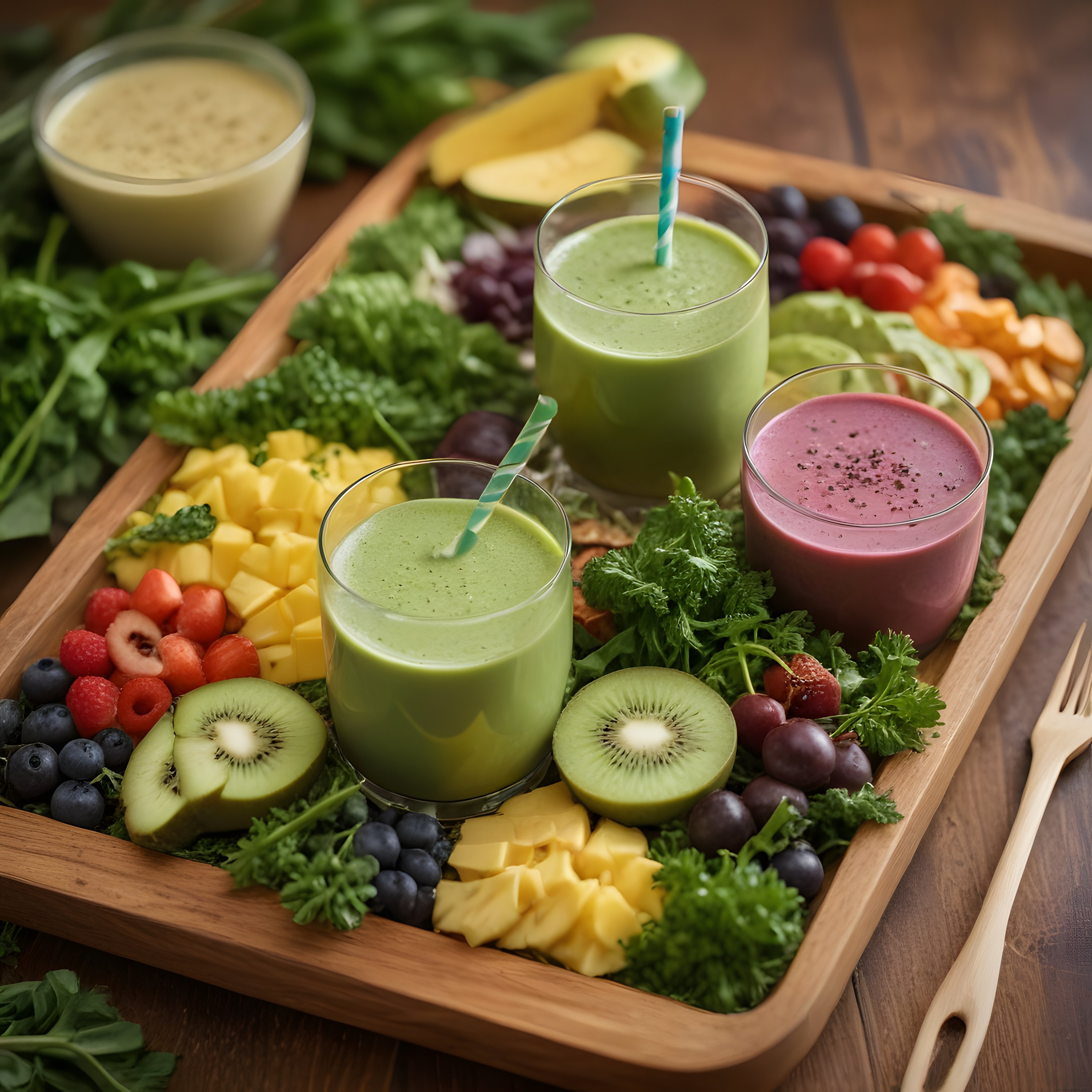Taze Meyveler ve Yeşilliklerle Hazırlanmış Renkli Sağlıklı Smoothie Sunumu